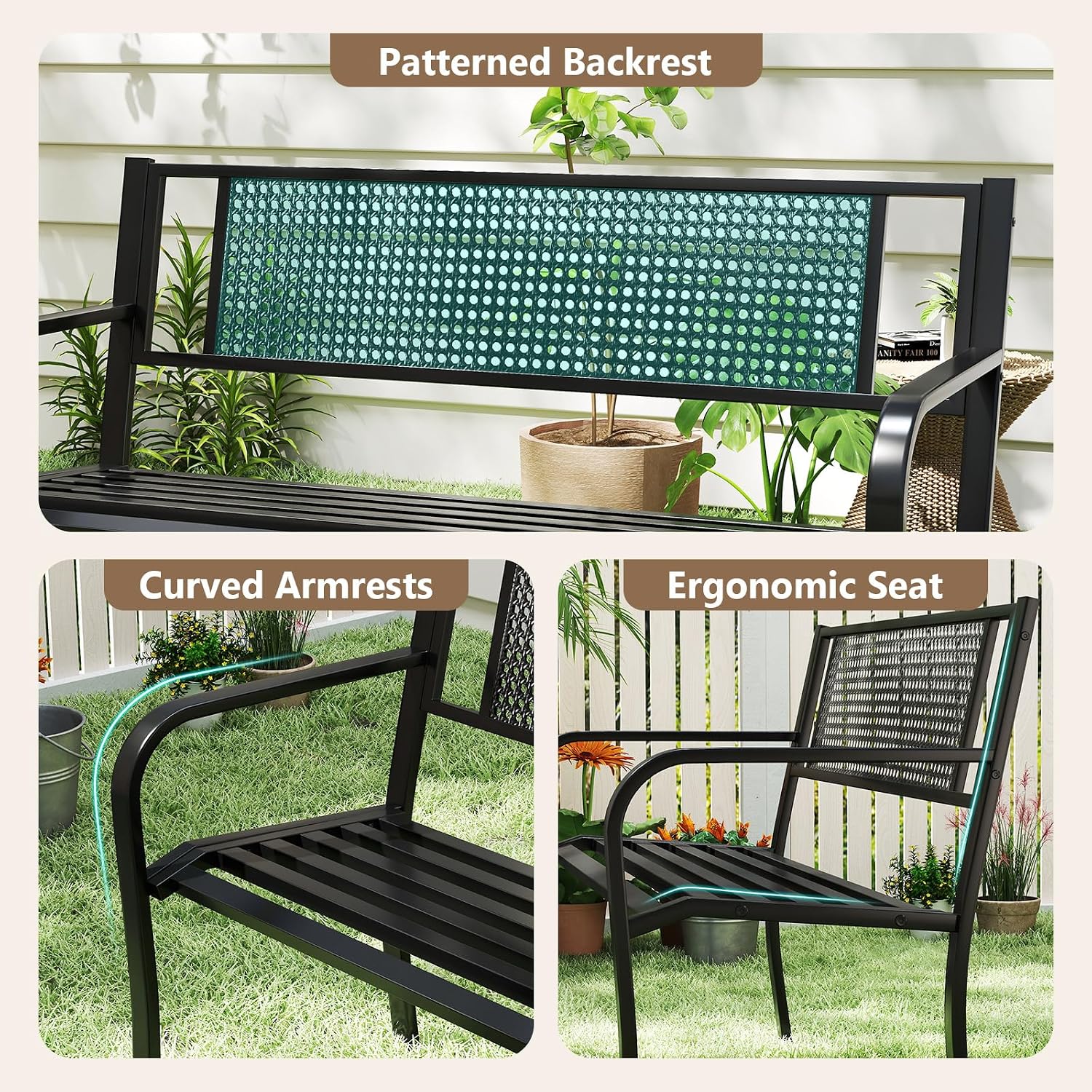 Tangkula Metal Patio Park Bench, 50 Inches Outdoor Garden Bench with Patterned Backrest and Curved Armrests, 2-3-Person Patio Bench, Outdoor Metal Loveseat Chair for Porch, Lawn, Park