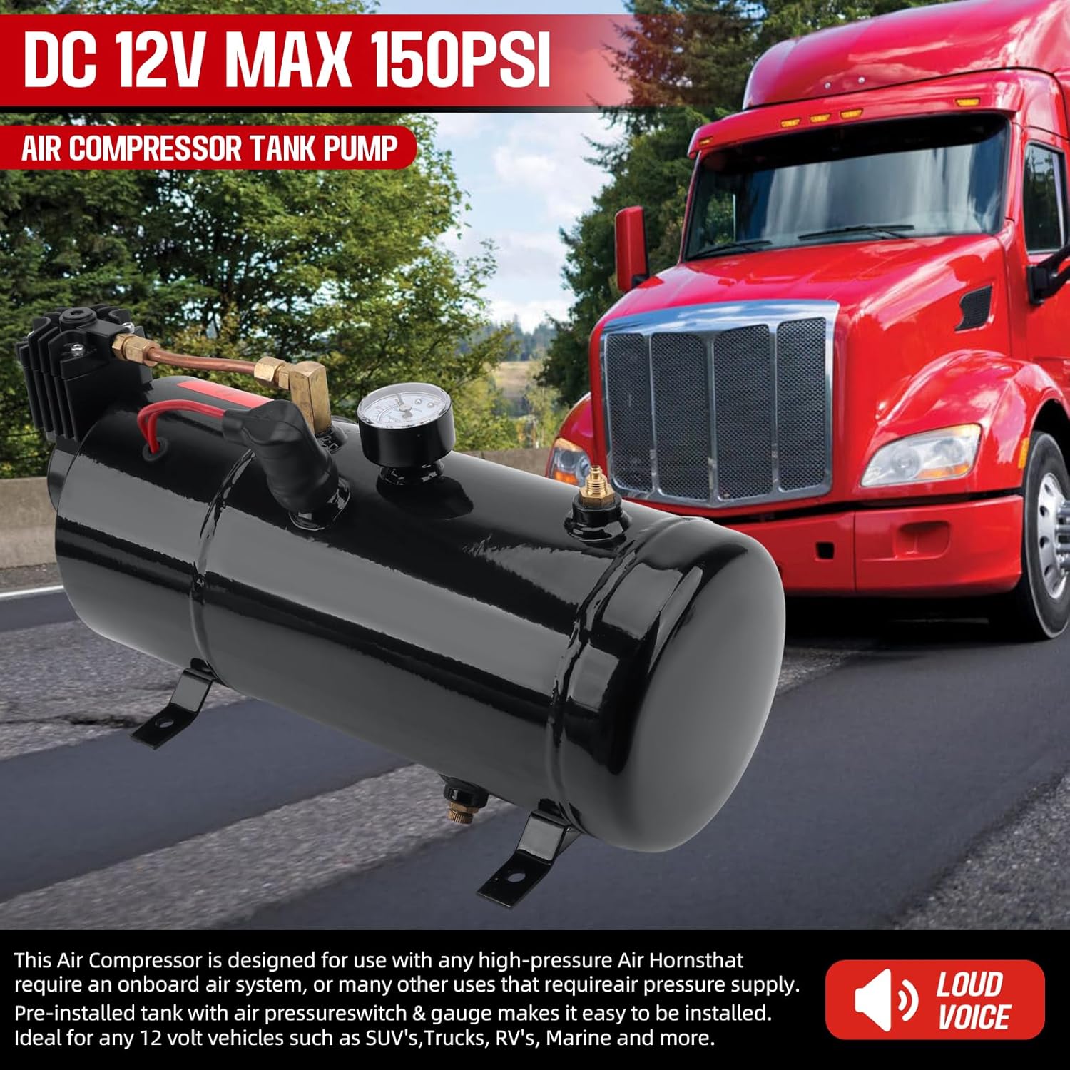 DC 12V MAX 150PSI Air Horn Compressor Tank Pump with 3 Liter Tank 0.8 Gallon Portable Air Compressor Pump for Truck Pickup Train Portable Inflator Air Compressor with 3L Tank Train Air Horn Kit - Image 2