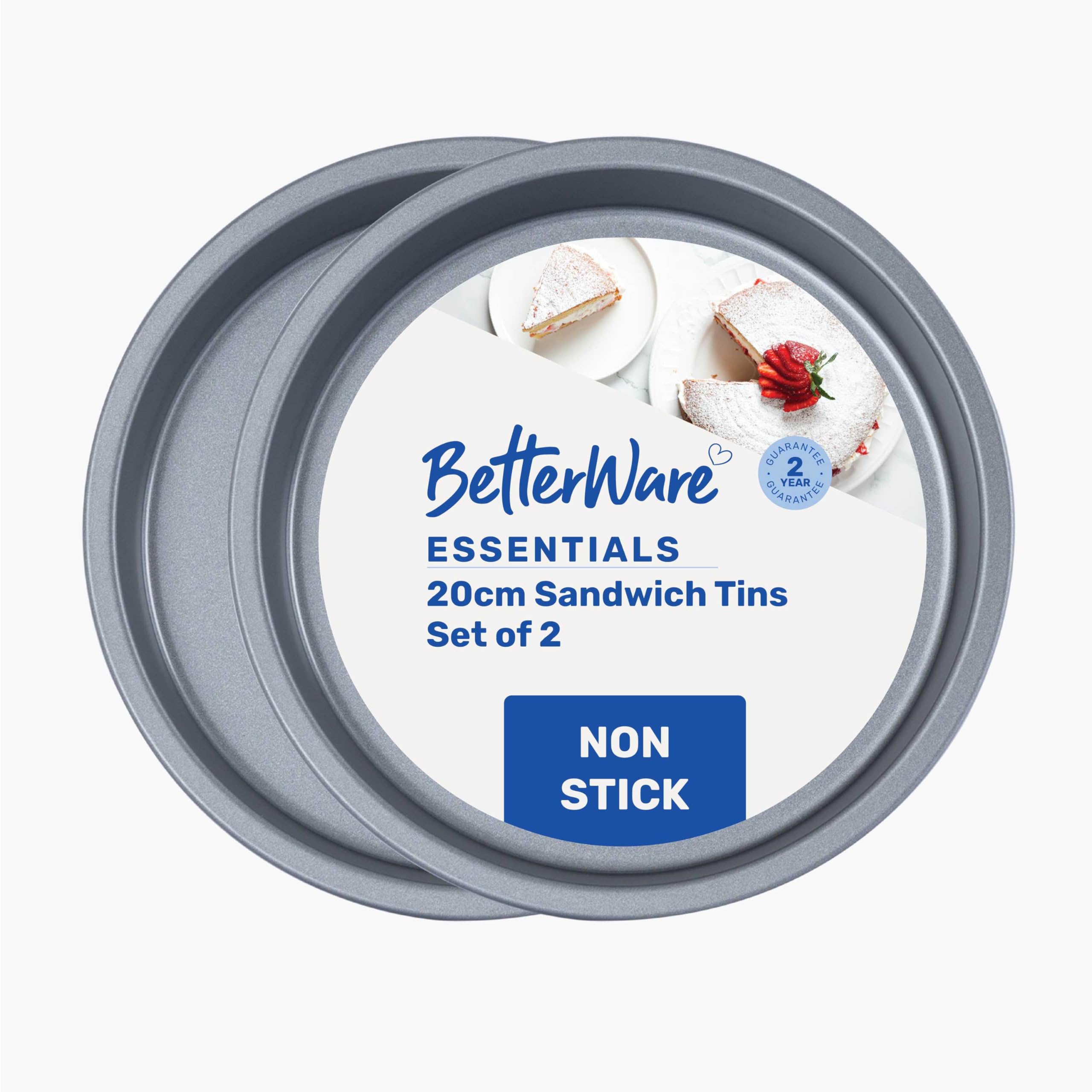 BetterWare Essentials 2 x 20cm Non-Stick Sandwich Tins | Low-Carbon Steel Cake Tins | Dishwasher & Freezer Safe | Stackable Design
