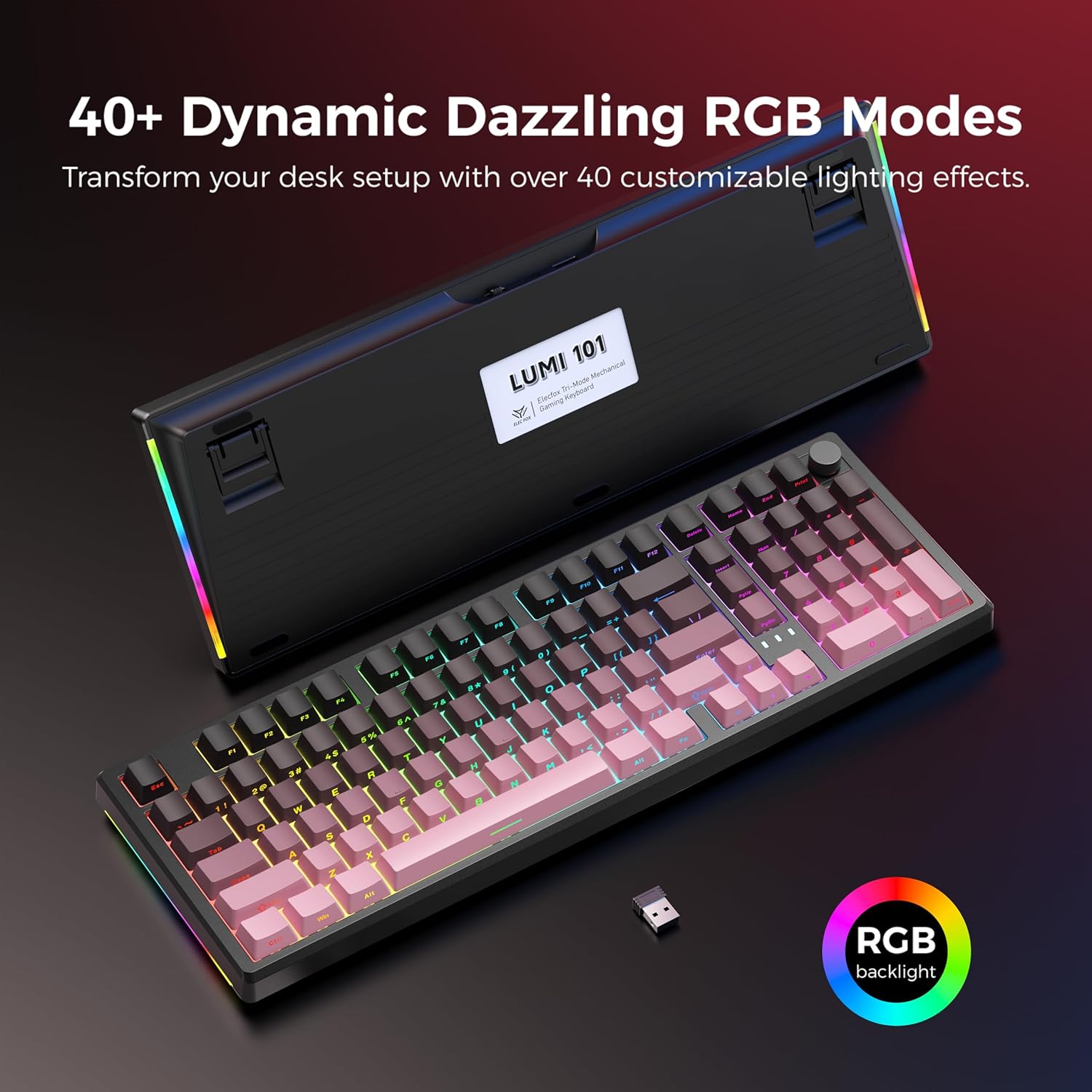 LUMI101 Wireless Mechanical Keyboard,Full-size keyboard with numeric keypad，Tri-Mode BT5.0/2.4GHz/USB-C Hot Swappable Custom Keyboard,RGB Backlit Computer Gaming Keyboards for PC/Tablet/PS/Xbox(Pink)