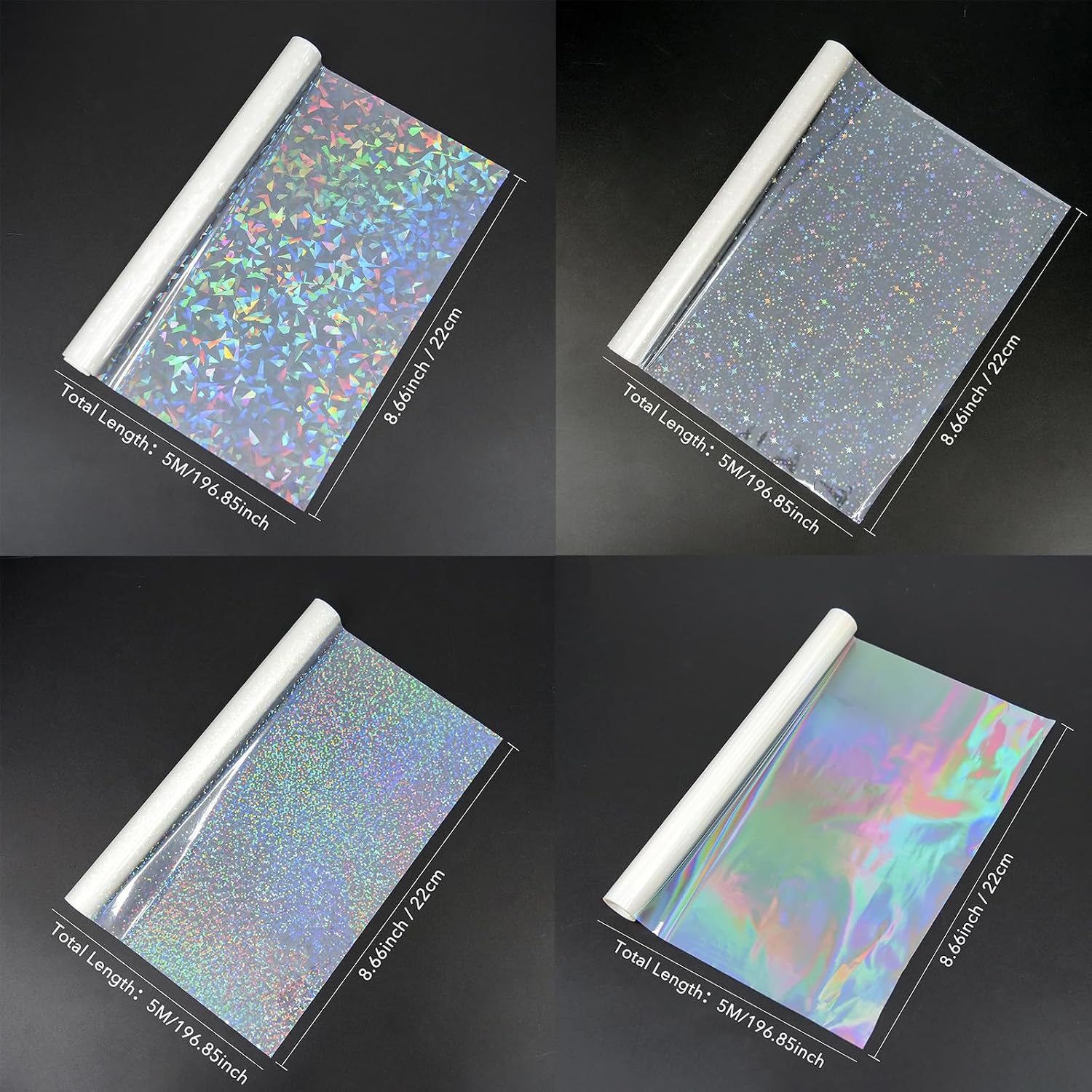 Briartw Holographic Precoated Laminating Film Roll, 4 Iridescent Patterns (Glitter, Stars, Dots & Plain),22x500cm (8.66x196.85 In), BOPP Thermal Film, Clear Waterproof Scratch-Resistant for DIY Crafts