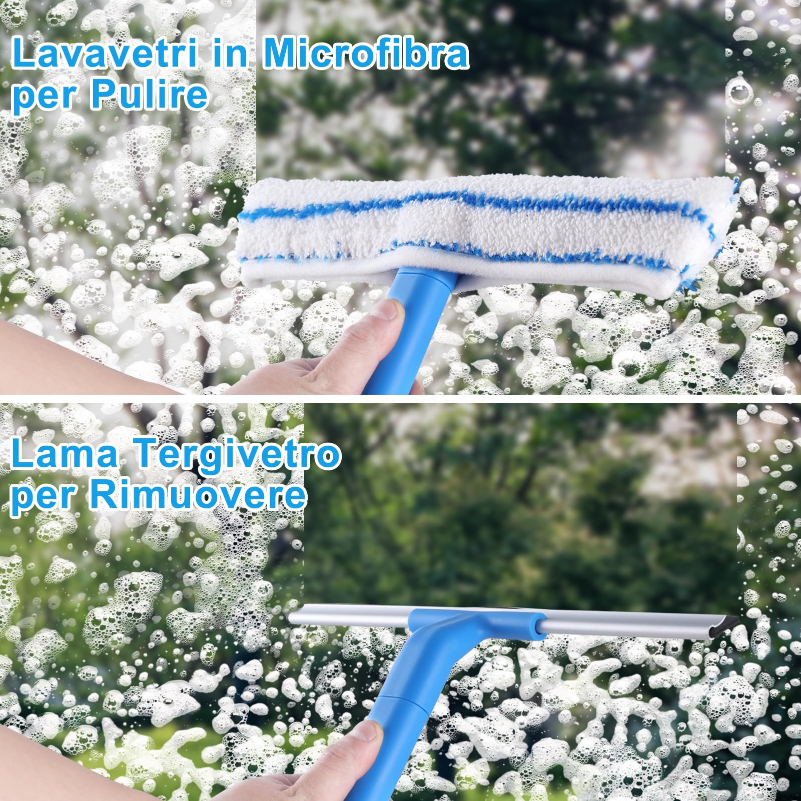 Mitclear Lavavetri con Manico Telescopico(146cm), 2 in 1 Lava Vetri con Tergivetro in Silicone e Lavavetri in Microfibra, Strumenti per la Pulizia dei Vetri per Bagno, Doccia, Auto, Vetro, Finestre