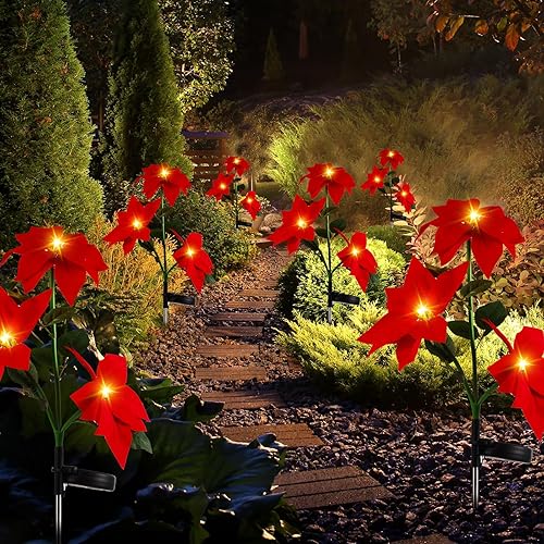 VIHOSE Paquete de 6 luces solares de flores de Navidad para decoración al aire libre, luces solares de flor de pascua, luces LED de simulación para