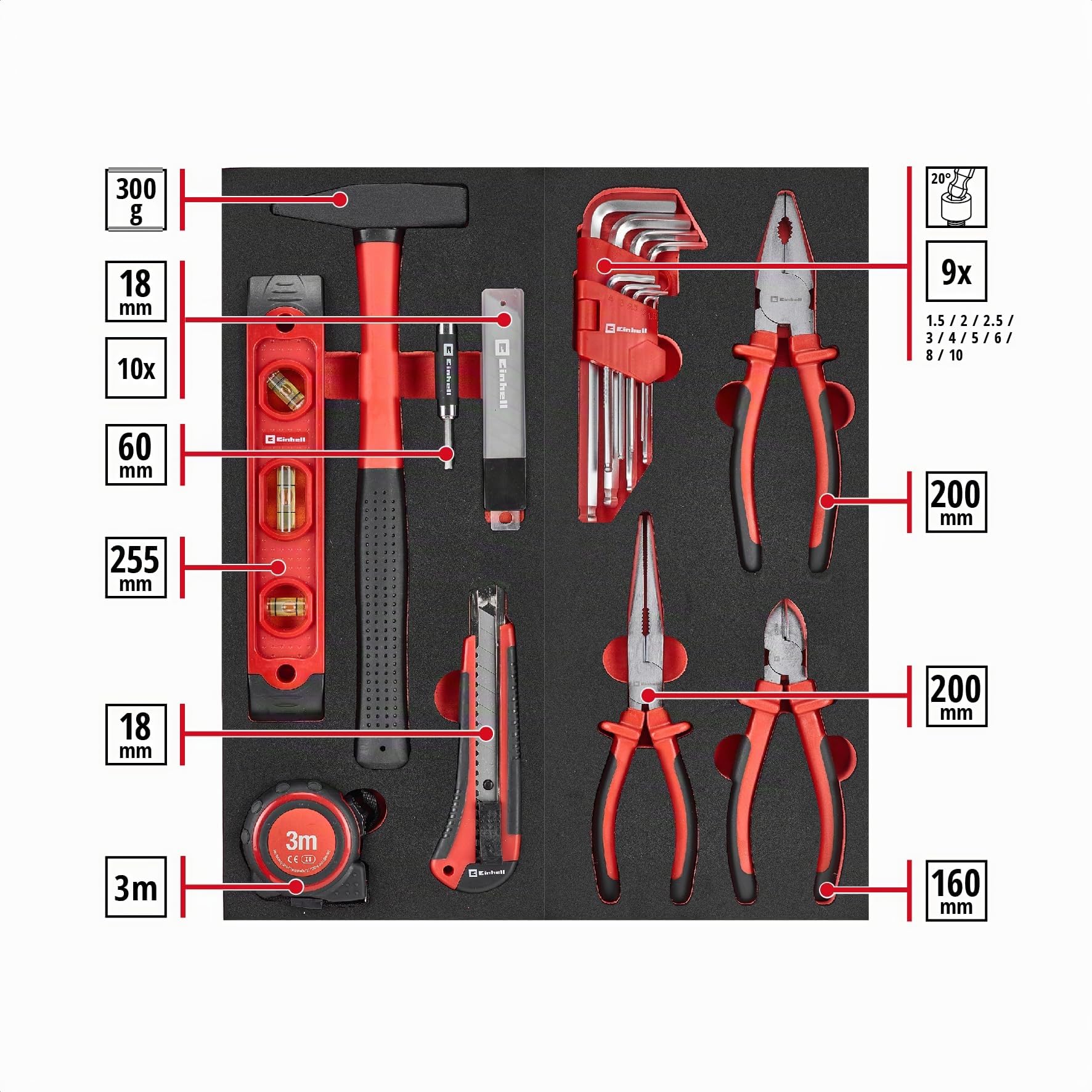 Einhell 149 pezzi carrello portautensili da officina | Inserti da 25 mm | chiavi combinate | set di bussole | cricchetto | pinze | martello da meccanico | livella | metro a nastro