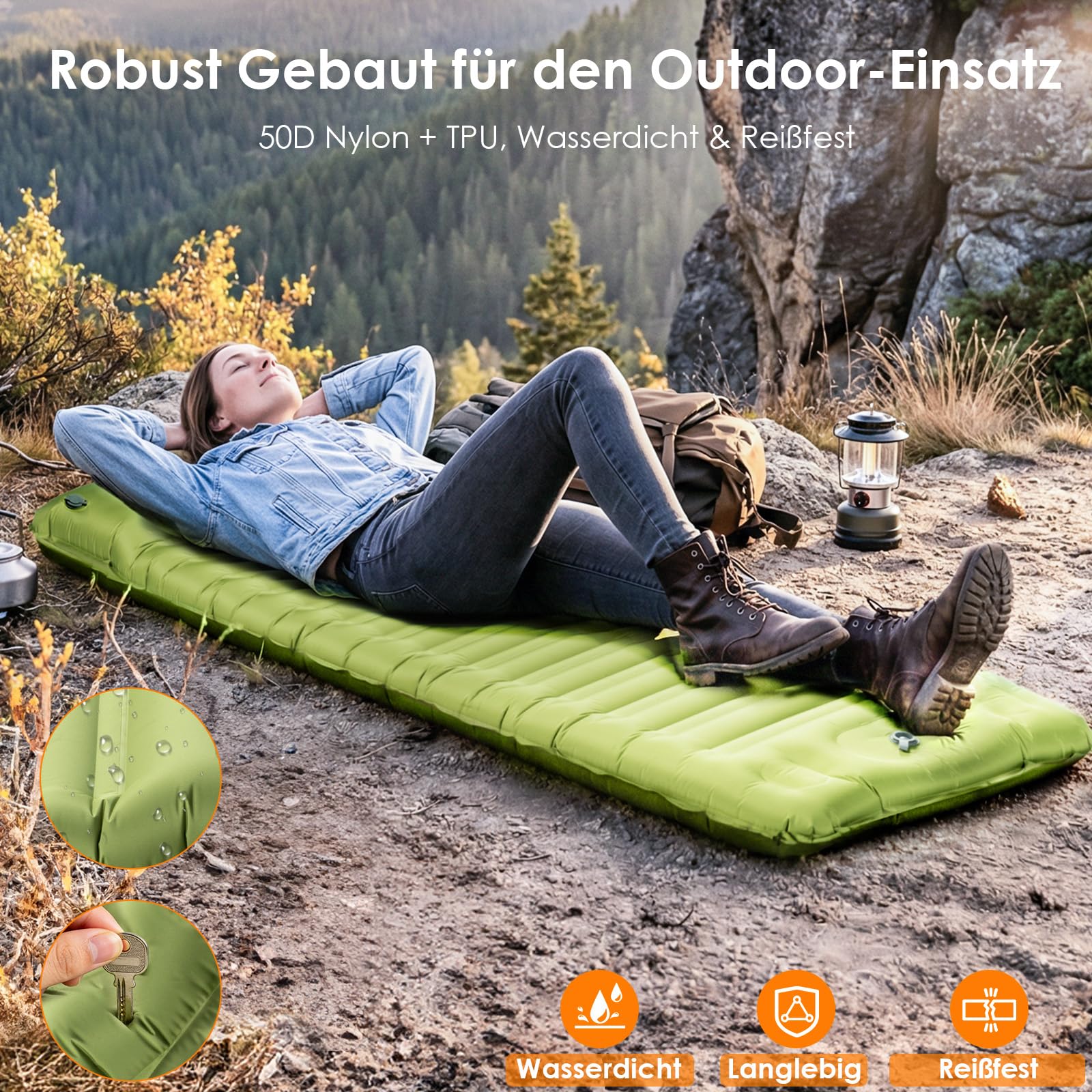 Minthouz Isomatte Camping, Ultraleicht Luftmatratze Camping mit Fußpumpe & Kissen Tragbare Aufblasbare Matratze Strapazierfähiges Campingmatratze für Wandern Strand Outdoor Reise