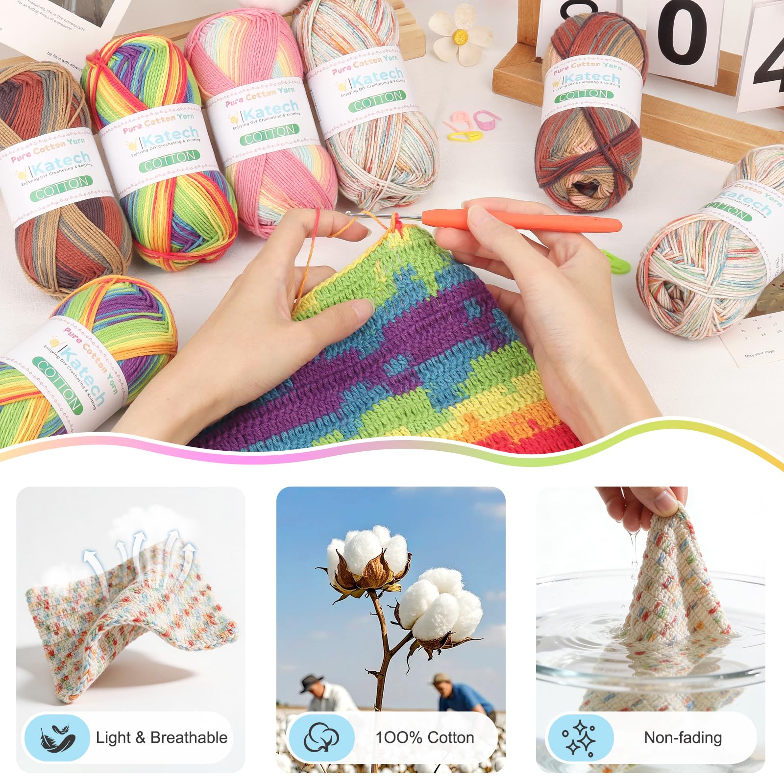 Katech 1OO% Ombre Cotton Yarn for Crocheting - 2 Sport Weight Baby Yarn for Knitting - 6 Pcs of 50g(1.76oz)/160m(175yd), Fine Soft Multicolor Yarns for Baby Blankets, Afghans, Shawls, Dress, Hats (C) - 4