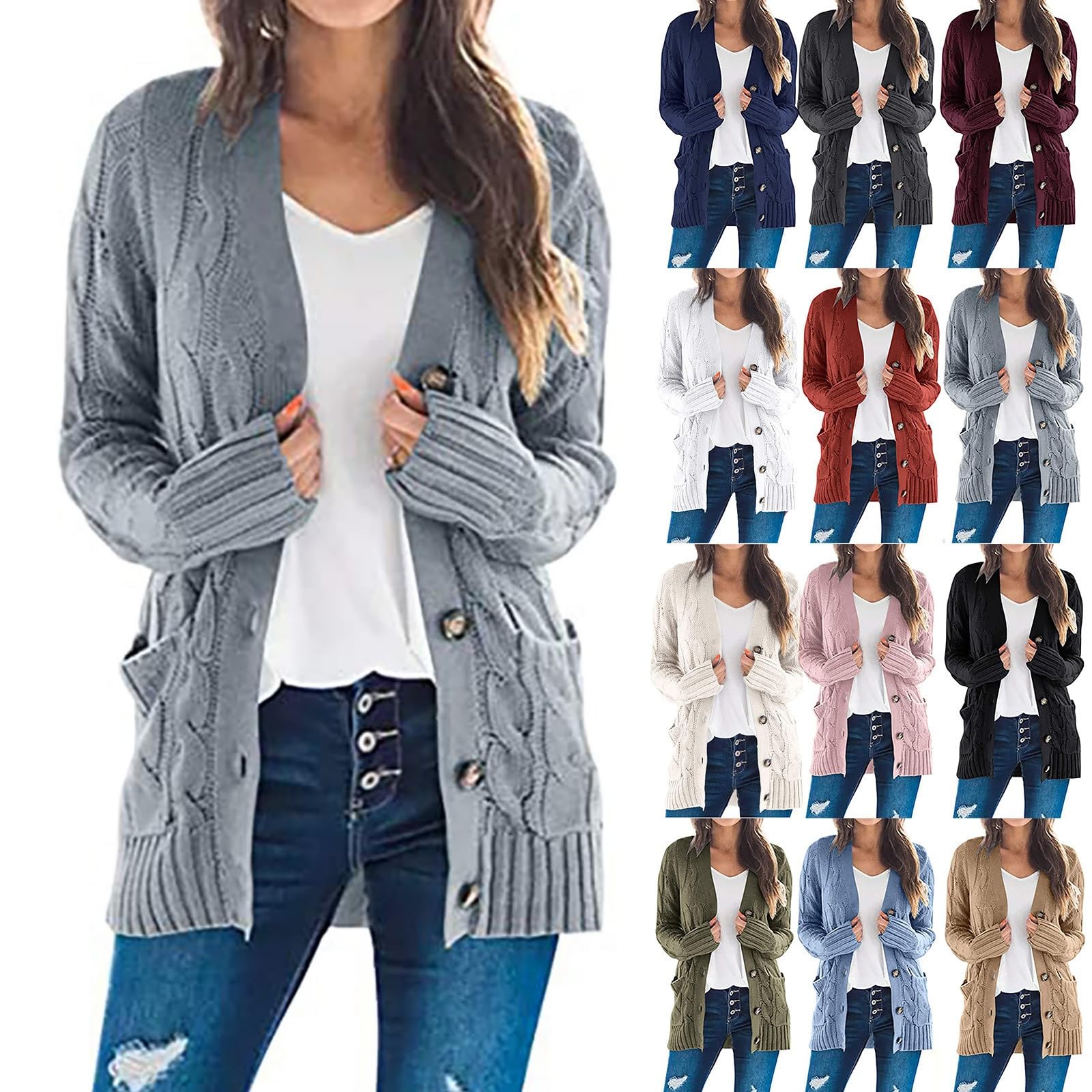 Cardigan for Women Casual Fall Button Down Open Front Cable Knit Cardigans Sweaters Long Sleeve Winter Outerwear