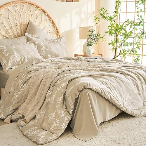 Miniatura 4 de MUXHOMO Juego de funda de edredón tamaño Queen, reversible floral beige con cierre de cremallera, juego de ropa de cama de microfibra suave de 3