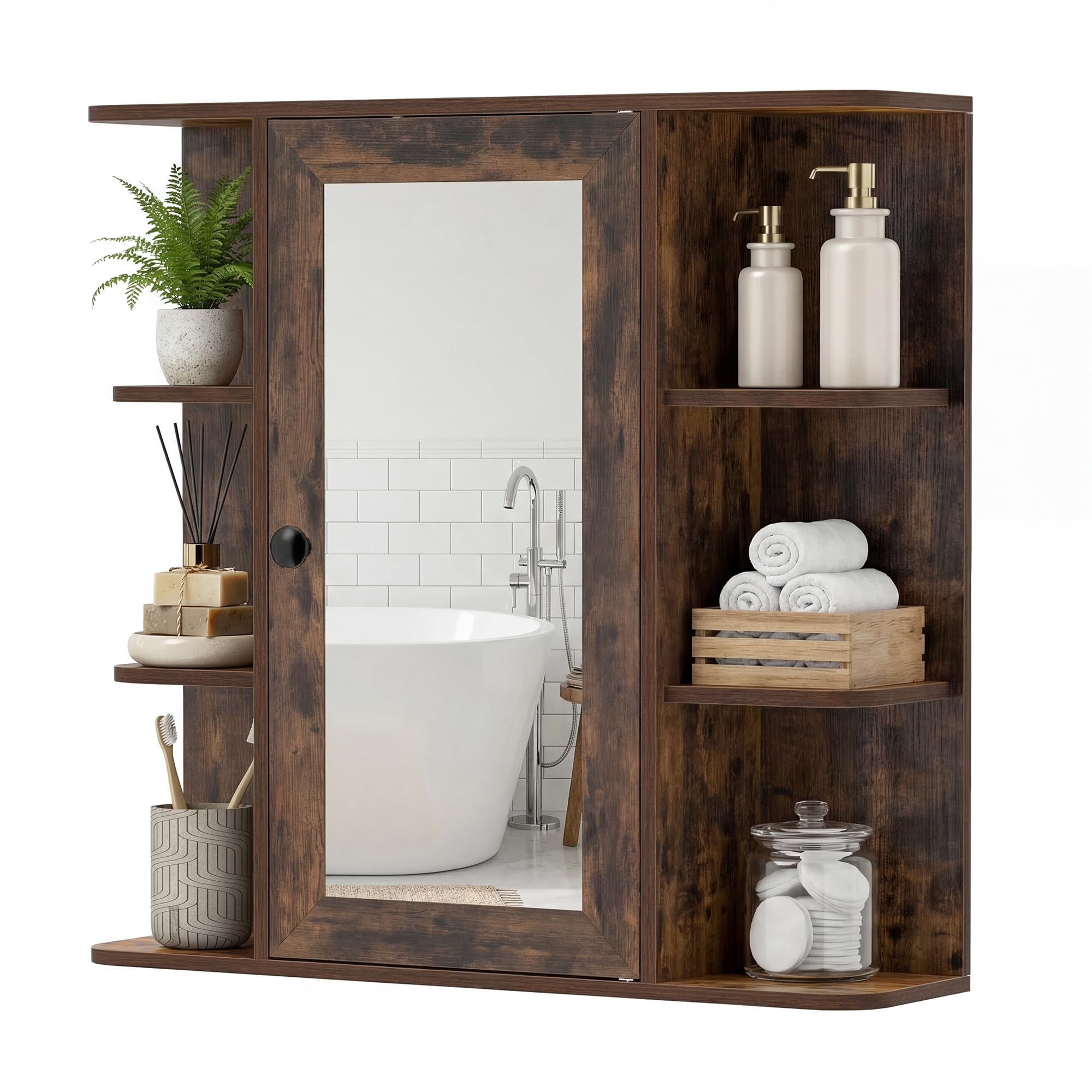 LIFEZEAL Specchio Bagno Contenitore, Mobile Bagno con Specchio con 6 Ripiani Aperti e 3 Chiusi, 1 Anta, Mobiletto Pensile Salvaspazio da Letto, per Soggiorno e Camera, 66 x 16,5 x 63 cm (Marrone)