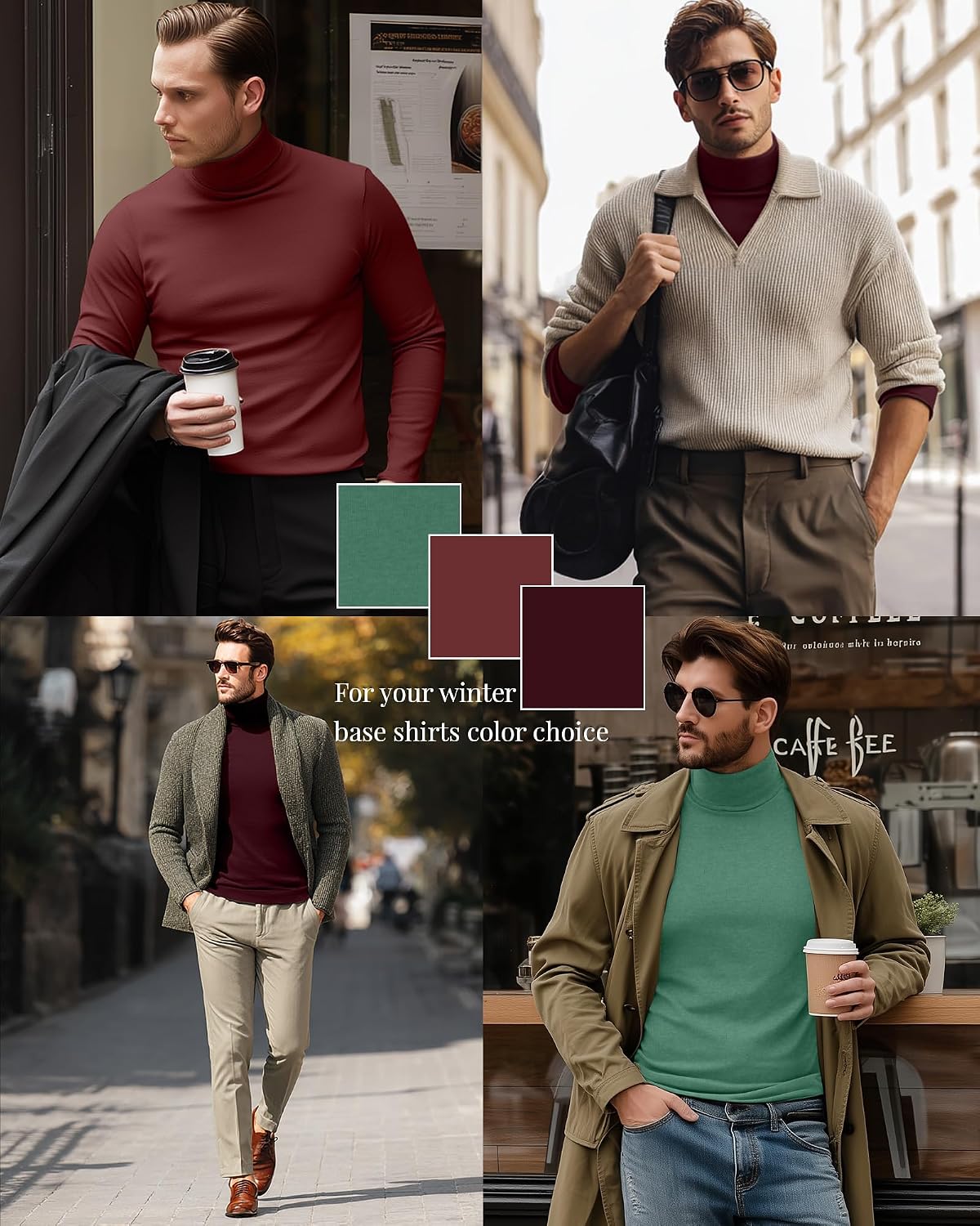 Ficerd 3 Pack Men's Turtleneck Shirts, Long Sleeve Cotton Pullover Sweaters Mock Neck Knitted T-Shirt Basic Slim Fit Tops