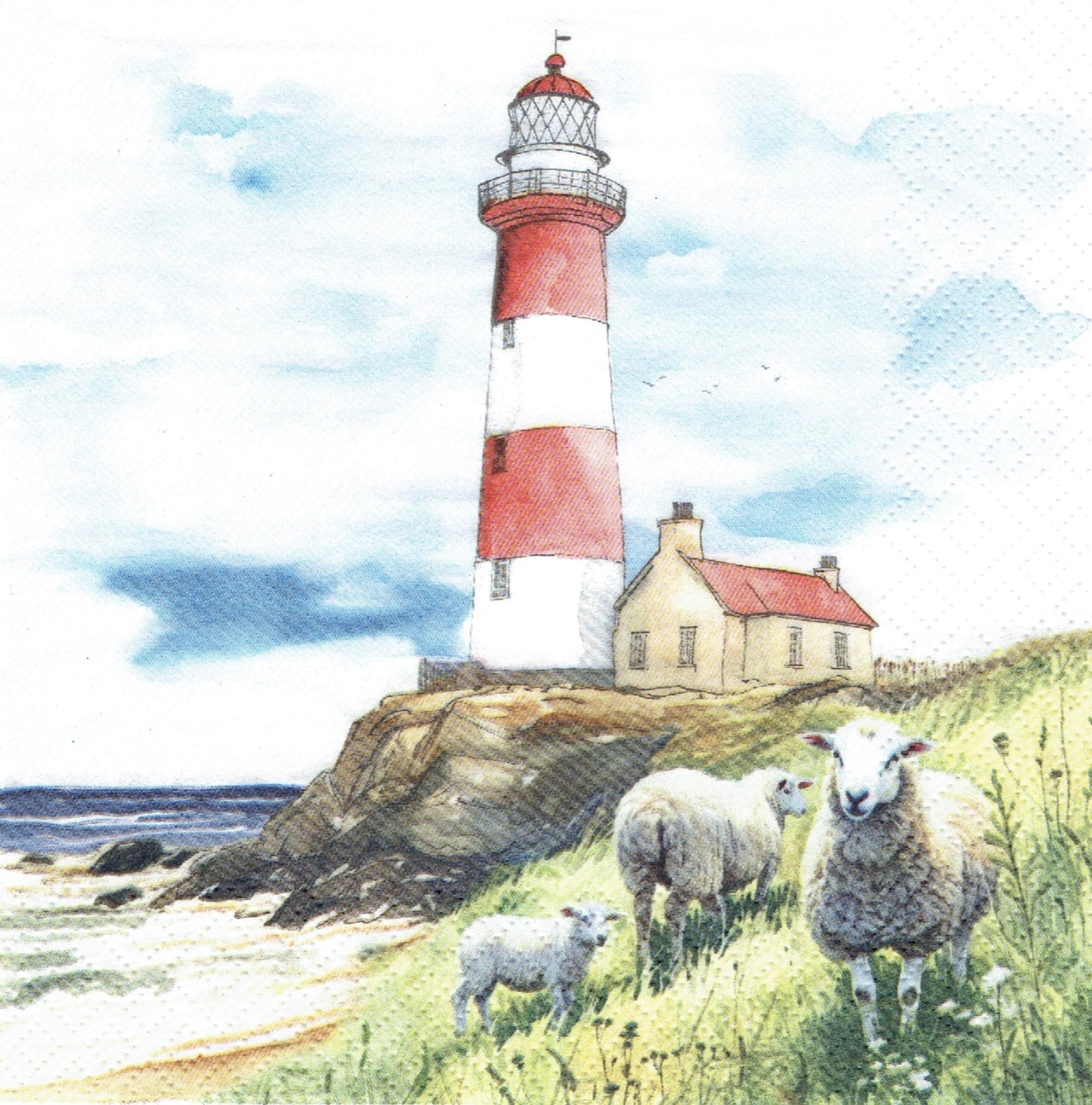 Set of 2 Individual Decoupage Paper Party Napkin Lighthouse Sheep Ocean Watercolor Decor Luncheon Napkins for a Birthday Holiday, Wedding, Cocktail Party