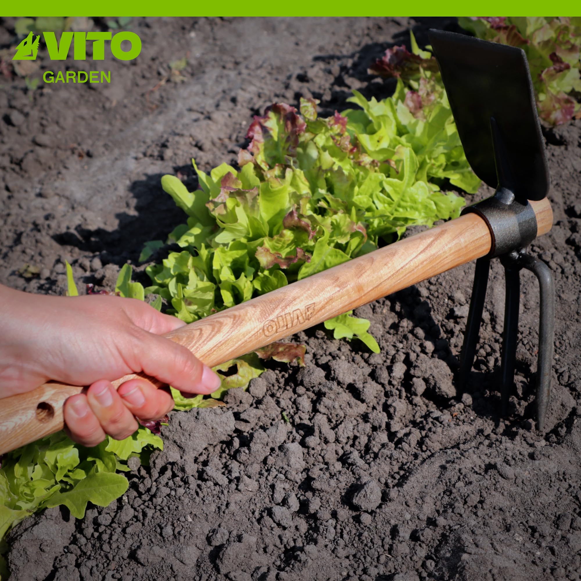 VITO - Serfouette Fourche 3 Dents et Panne Outil de Jardin Manche Bois INOX et Fer forgé à la Main Haute qualité