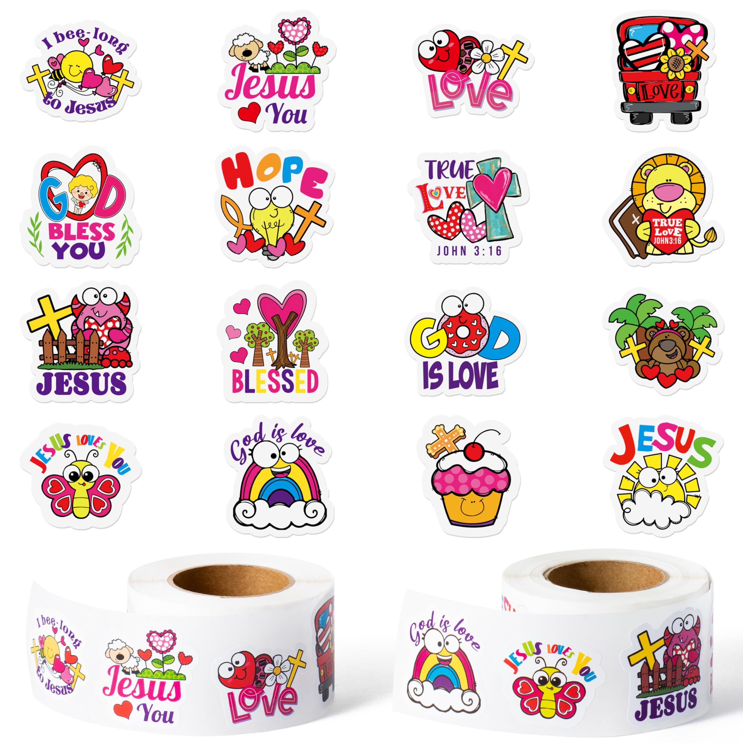Haooryx 1000pcs Valentine’s Theme Religious Sticker Rolls, 16 Designs Cartoon Chtistian Religious Theme Hope Love God is Love Bless You Self Adhsive Sticker Decals for Kids Sunday School VBS Supplies