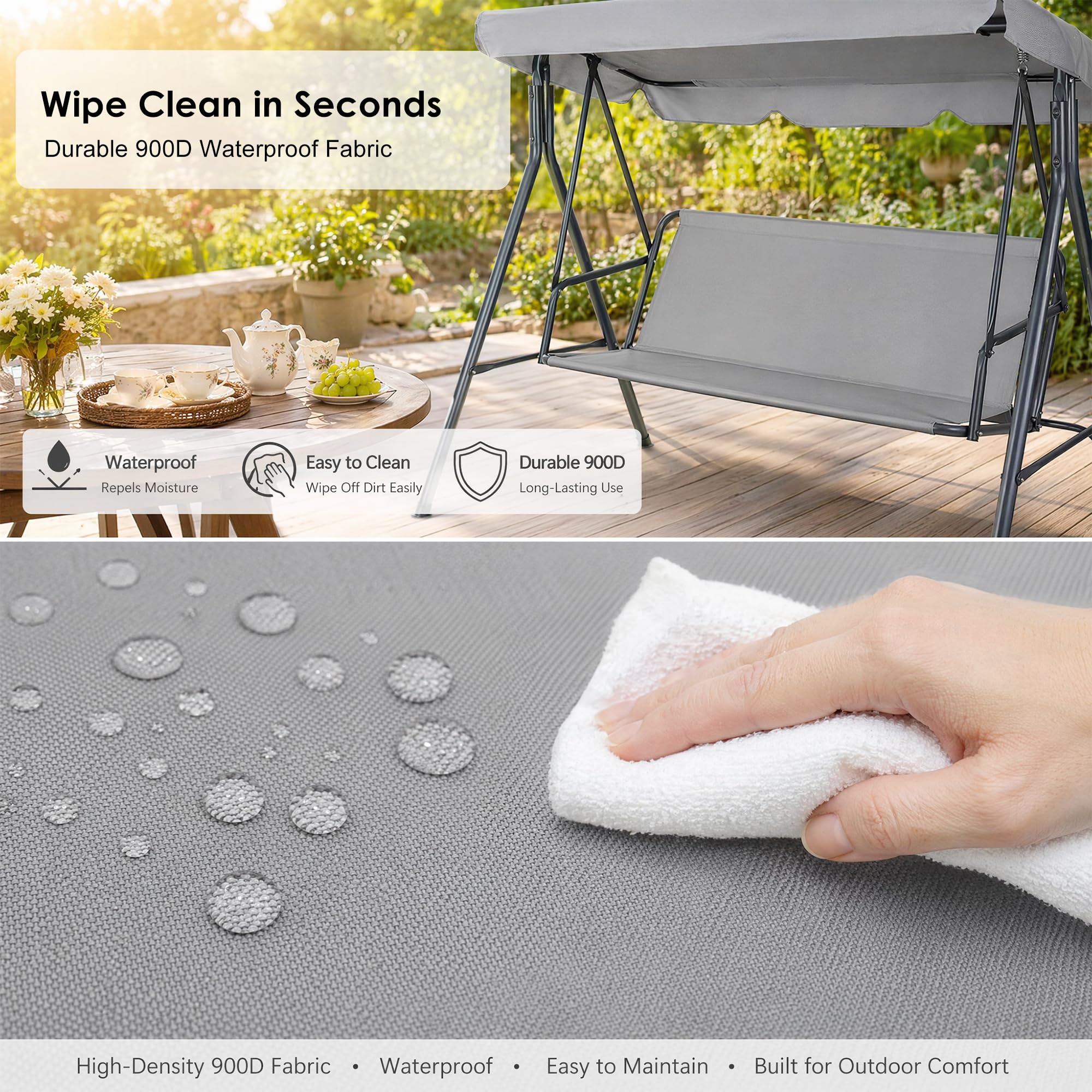 Cuscino impermeabile per dondolo da giardino, 115 x 48 x 48 cm, in tessuto Oxford 900D, rivestimento di ricambio per dondolo da giardino a 2-3 posti, colore grigio