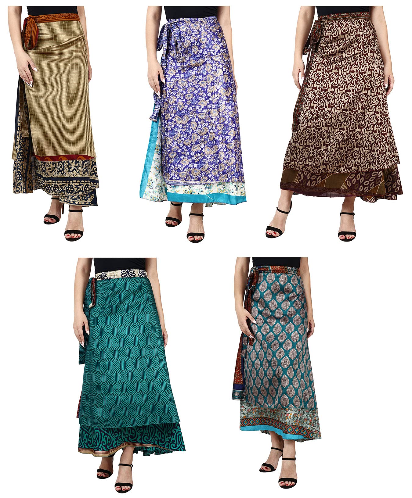 Maple ClothingWomen's Indian Vintage Silk Sari Two Layers Magic Wrap Around Skirts Boho Multicolored Wholesale