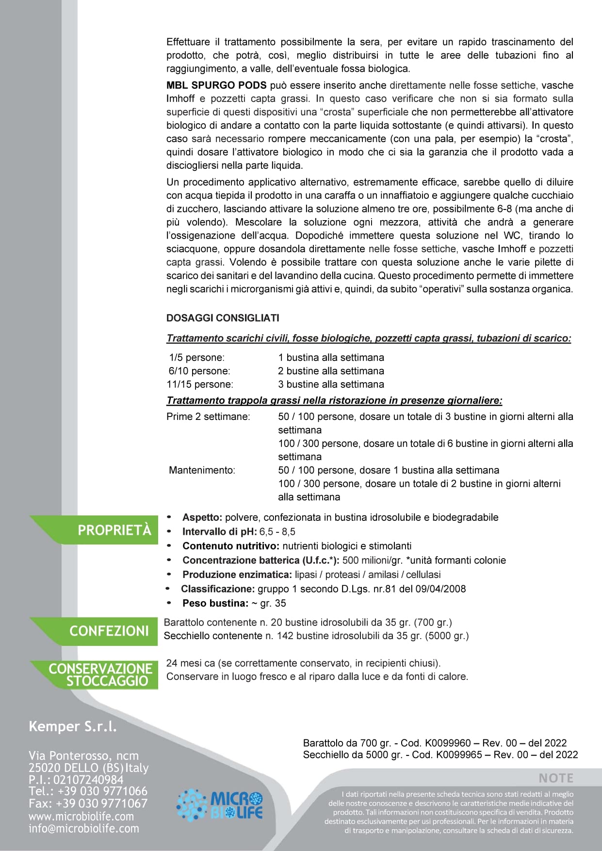 MBL SPURGO PODS gr. 700 – n. 20 bustine idrosolubili da 35 gr. (500 milioni di microrganismi per gr.) Attivatore biologico per il trattamento di fosse biologiche e per le tubazioni di scarico