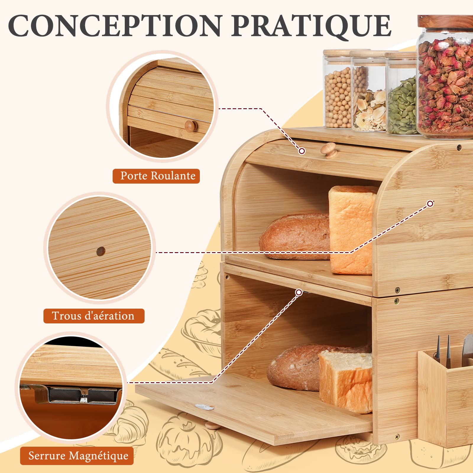 GUUSII HOME Boite a Pain Bois Grande Capacité Boîte à Pain de mie Bambou Huche a Pain Moderne pour Cuisine Countertop 38 x 25 x 36 cm Double Couche Empilable