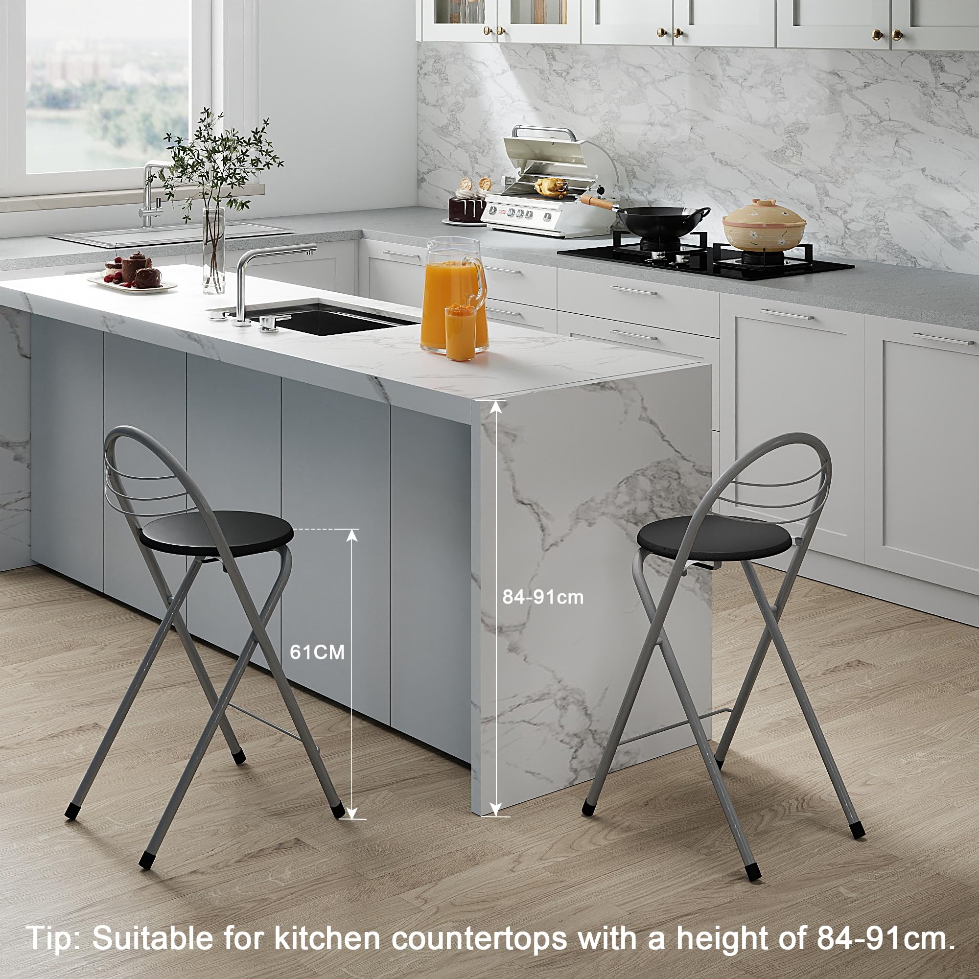 Barhocker Klappbarer, Barhocker mit Lehne, Keine Montage Erforderlich, Tragbarer Outdoor, Geeignet Für Küche, Bistro, Geschäft, Veranstaltungen im Freien (Schwarz und Silber)