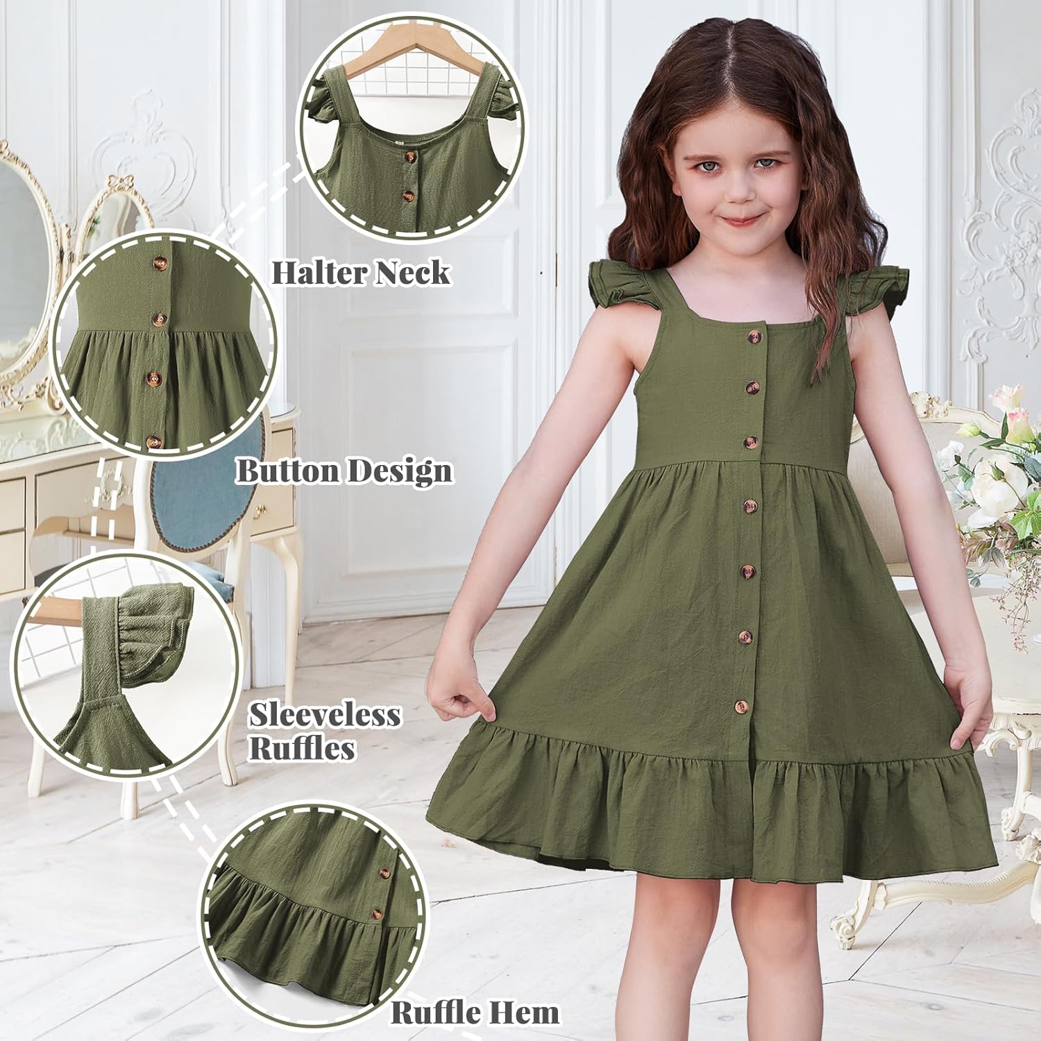 Toddler Baby Girls Summer Dress Ruffle Halter Sleeveless Casual Little Girl Dress with Button 18M-6T - Image 5