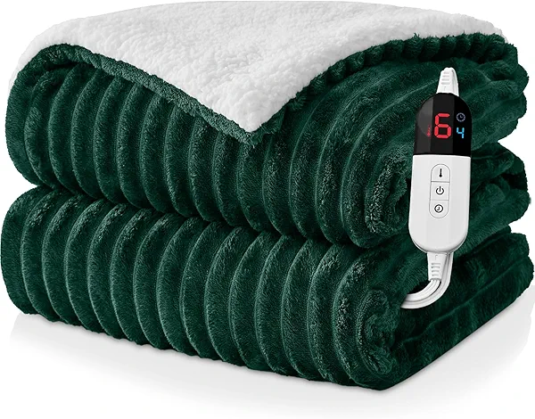 Easthome Electric Heated Blanket Full Size - 72"x84" Fast Heating Bed Blankets with 6 Heating Levels & 10 Hours Auto Off, Soft Ribbed Flannel Sherpa, Over-Heated Protection ETL, Dark Green