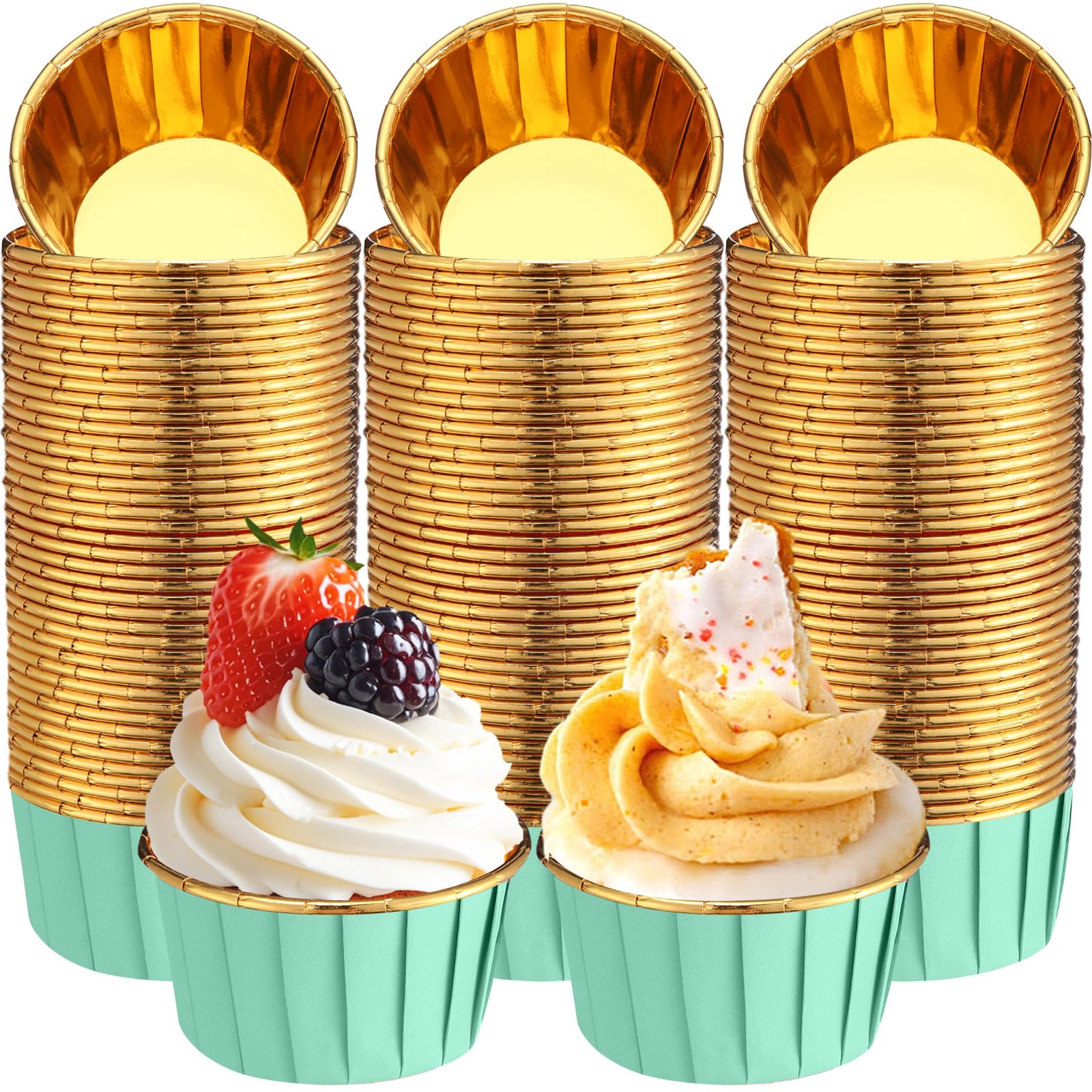 300 Pack Green Gold Cupcake Liners Bulk Disposable Foil Muffin Cup