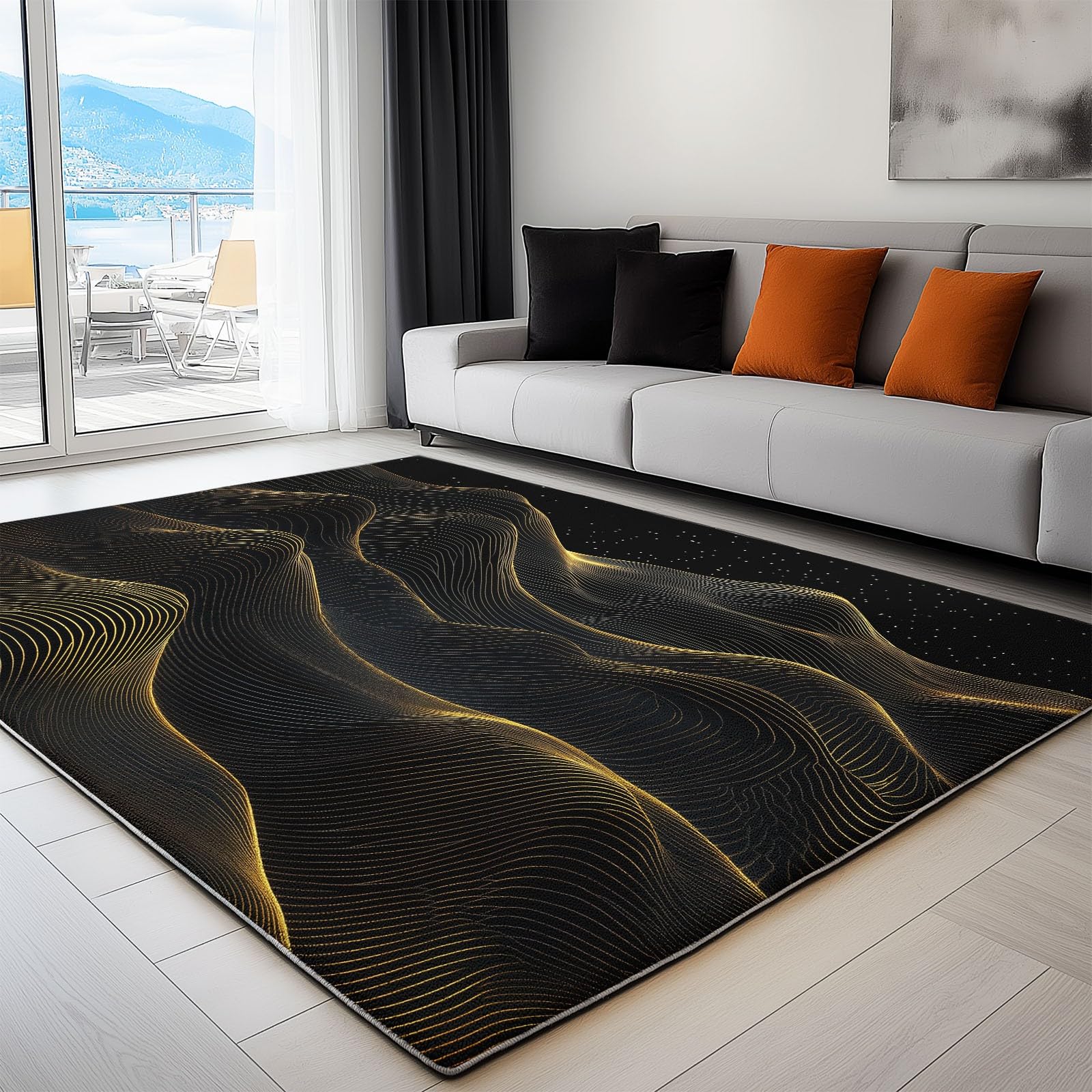 Tapis Poils Courts Moderne 120x180cm Vagues Abstraites en Or Noir Tapis Salon Lavables Antidérapant Doux, Effet Impression 3D, pour Chambre Cuisine Salle à Manger Bureau