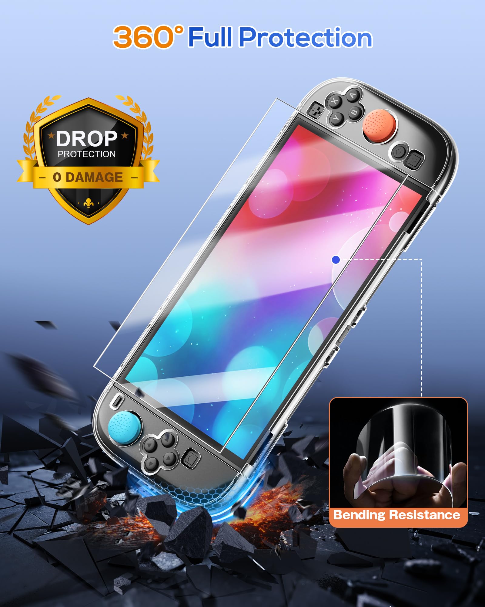 FYOUNG Custodia protettiva e pellicola protettiva per Nintendo Switch 2 (2025), set di accessori 3 in 1 per Switch 2, guscio rigido in policarbonato trasparente, 2 pellicole in vetro, 8 impugnature