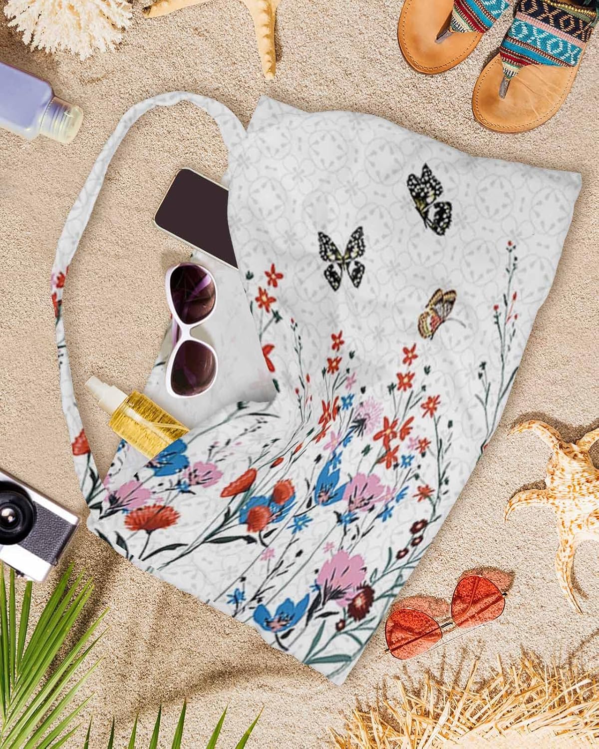 Spring Florals Beach Pool Patio Lounge Chaise Chair Cover Towel With Pockets,Absorbent & Quick Dry Microfiber Towel Cover Bag Summer Accessories for Sunbathing Luxury European Butter-fly Retro Flower