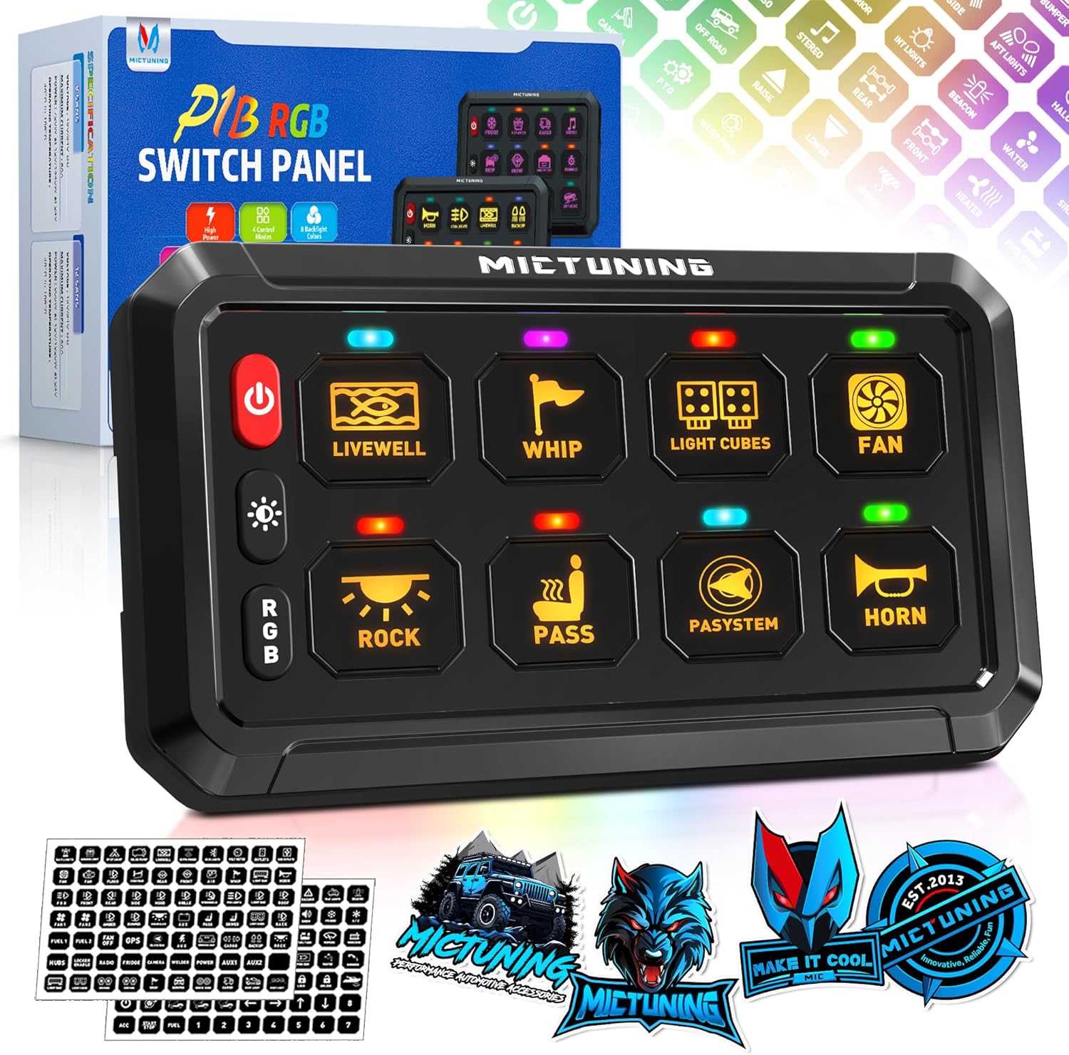 MICTUNING 12 Pods RGBW LED Rock Lights with P1B 8 Gang Switch Panel