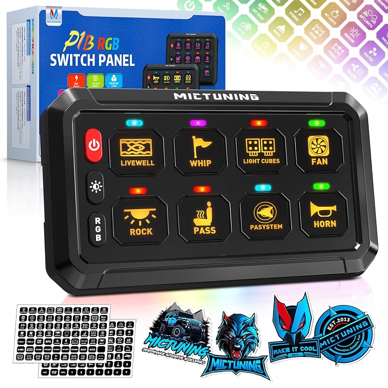 Painel de interruptores MICTUNING P1B RGB 8 Gang com controle Toggle, Momentary, Flash e Strobe