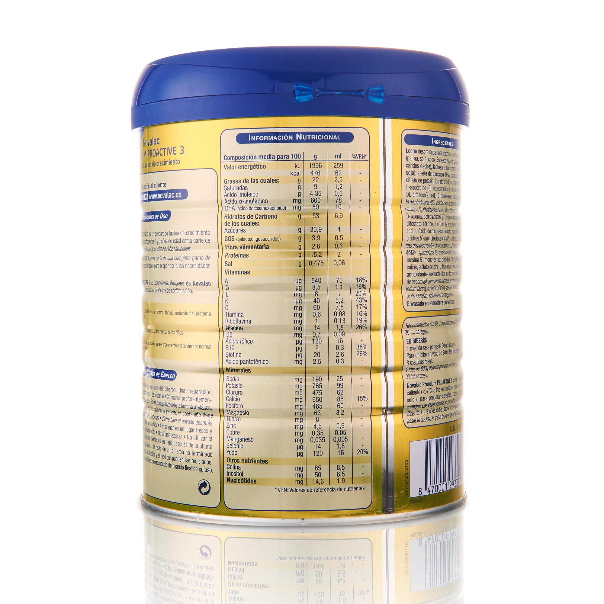 Novalac Premium Proactive 3 Leche de Continuación 1-3 Años. Contribuye al Desarrollo Normal y del sistema inmunitario del Bebé. Fórmula Elaborada con Pediatras rica en Calcio, Yodo, ViT A y D - 800 g