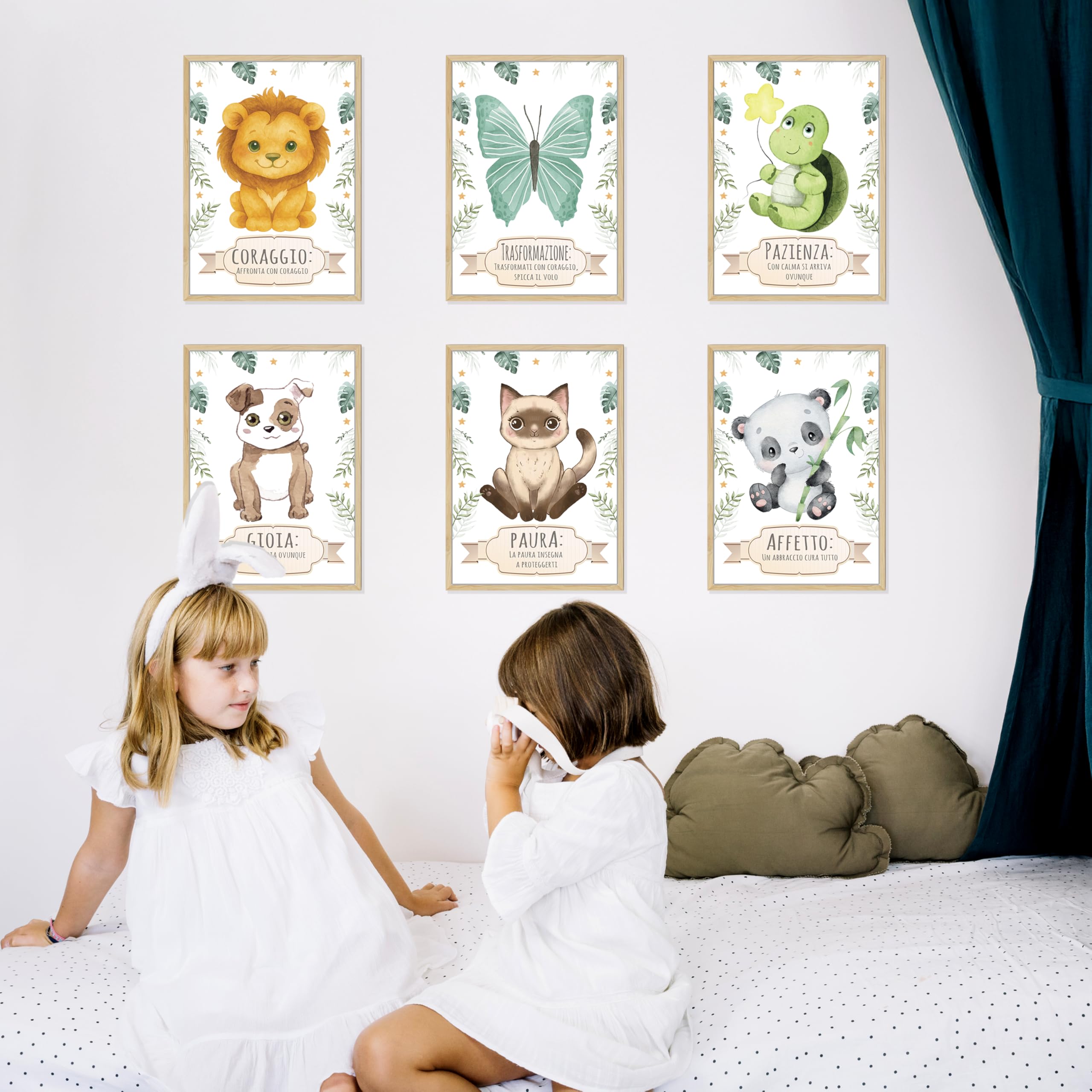 NAÏZAYA Cameretta Bambina Bambino Decorazioni - Set 6 Poster Quadri Animali 21x30cm - Frasi Motivazionali Italiano, Senza Cornice