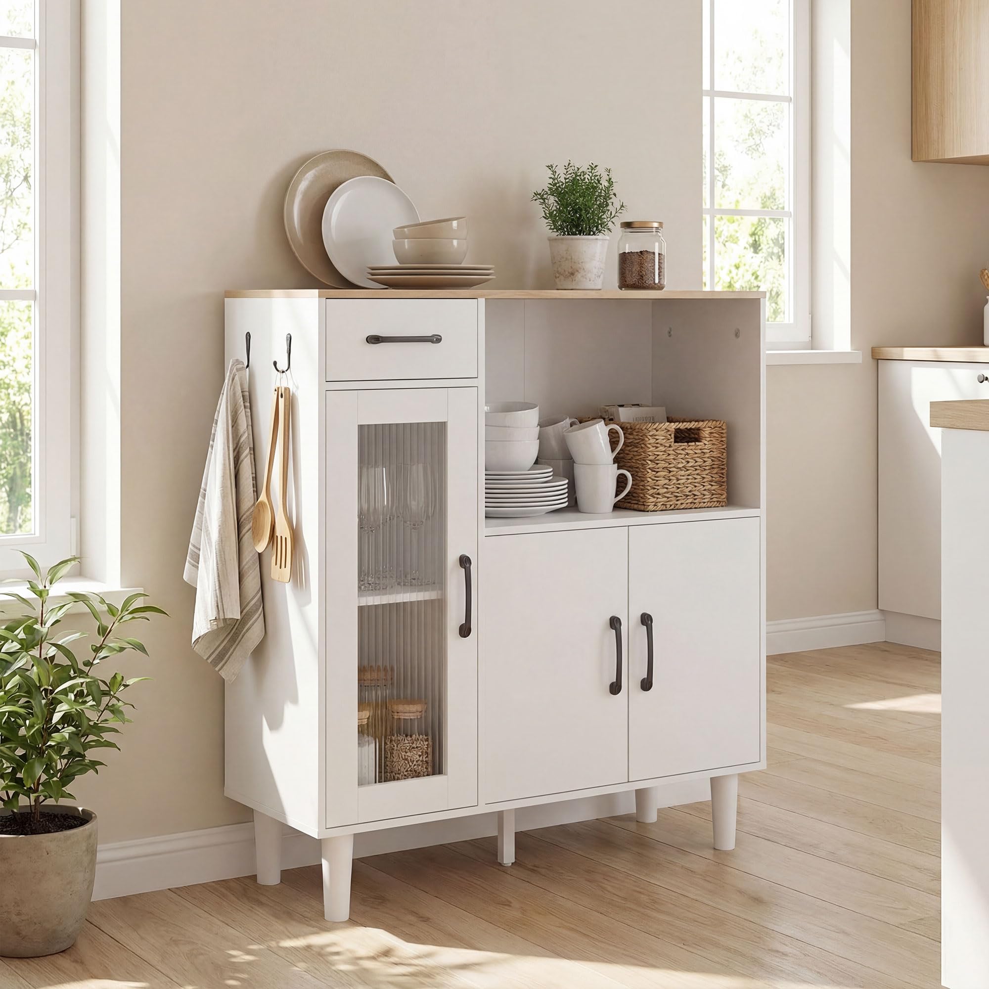 HOMCOM Buffet Cuisine 1 Tiroir 3 Portes 80 x 34 x 91 cm Blanc et Chêne
