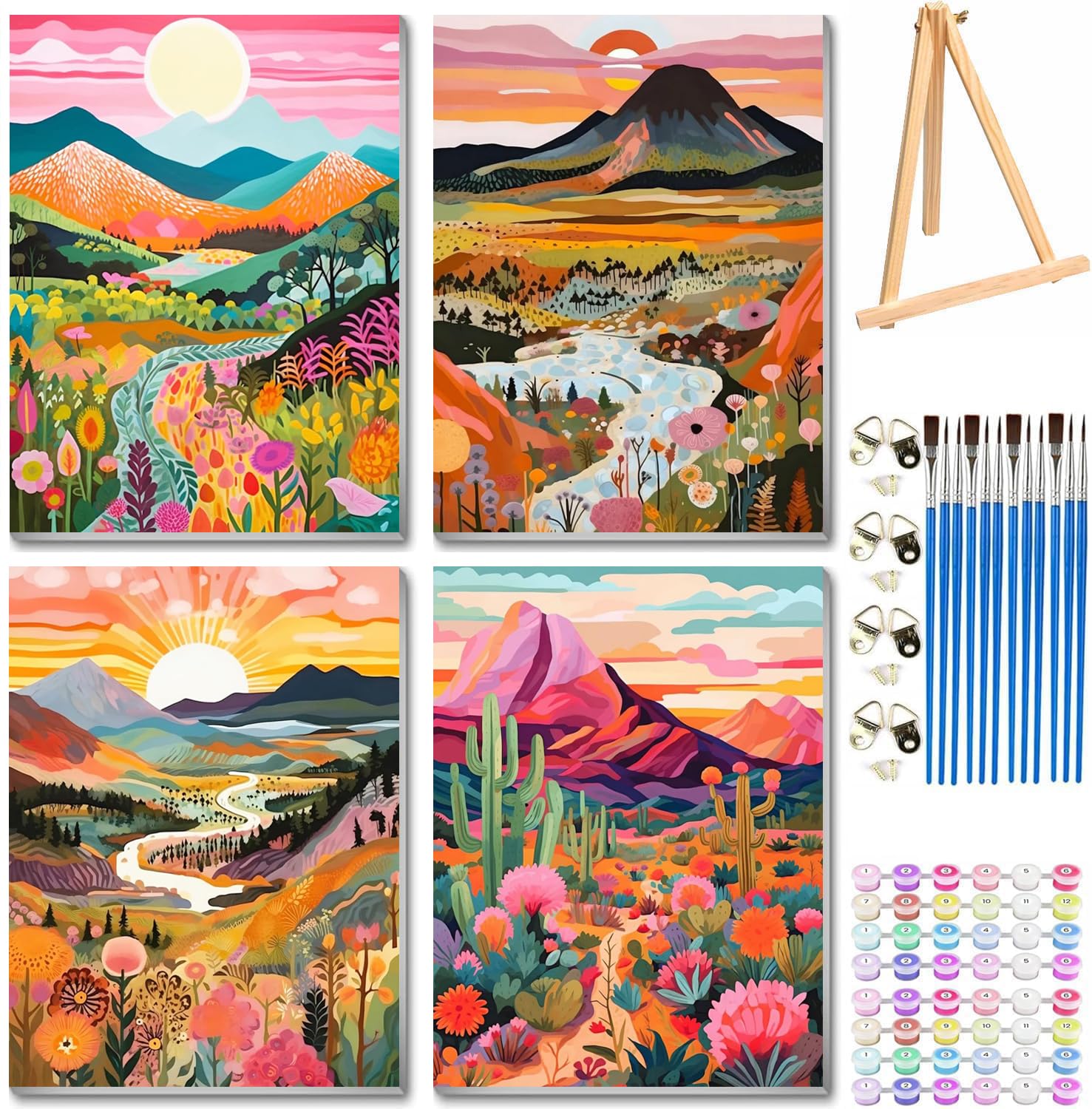 Jakener 4 Pack Paint by Numbers for Adults with Frame,Painting by Numbers for Adults with Wooden Easel,Mountain Sun Moon Landscape DIY Paint by Numbers Kits for Home Wall Decor 12x16inch