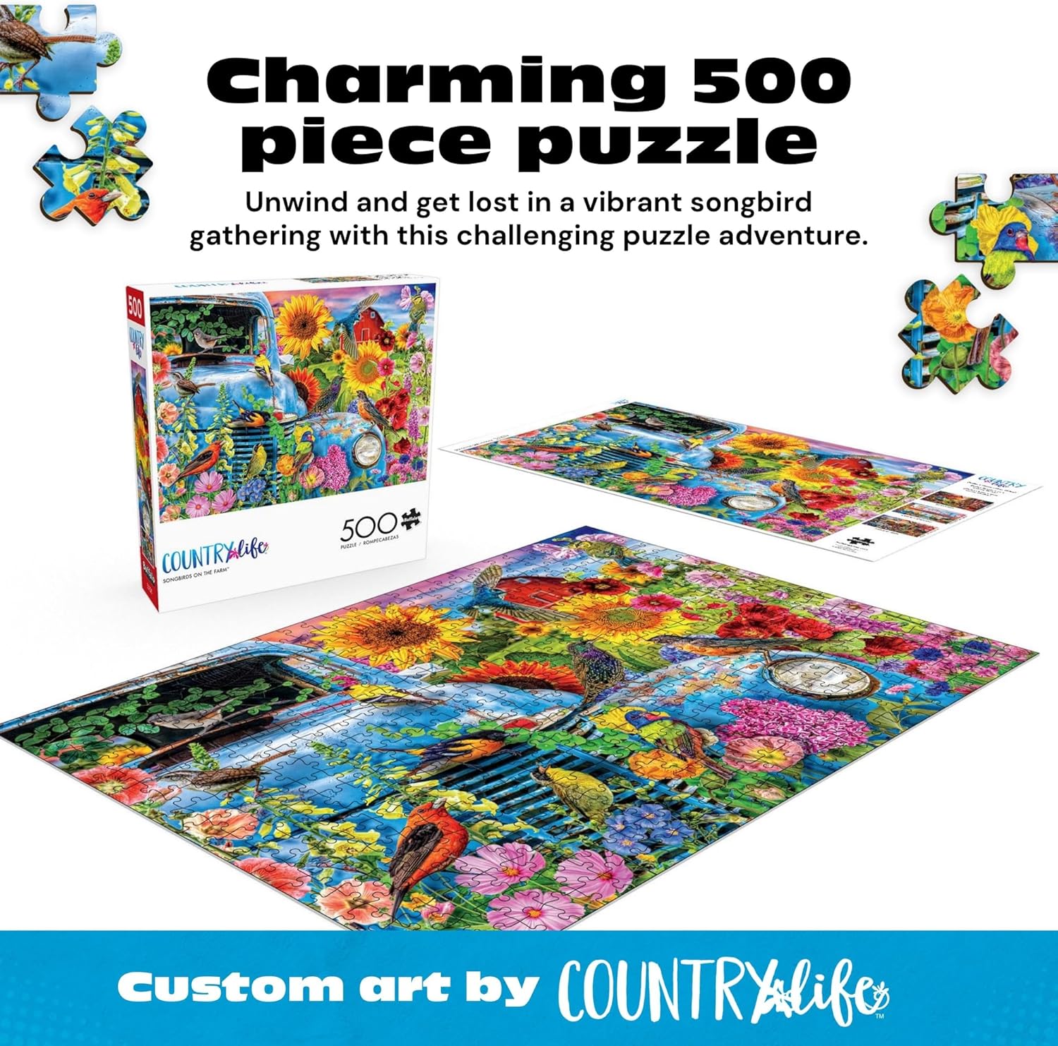 Buffalo Games - Songbirds on the Farm - Lars Stewart - 500 Piece Jigsaw Puzzle for Adults - Colorful Birds and Florals - Challenging Puzzle Perfect for Game Nights - Made in USA