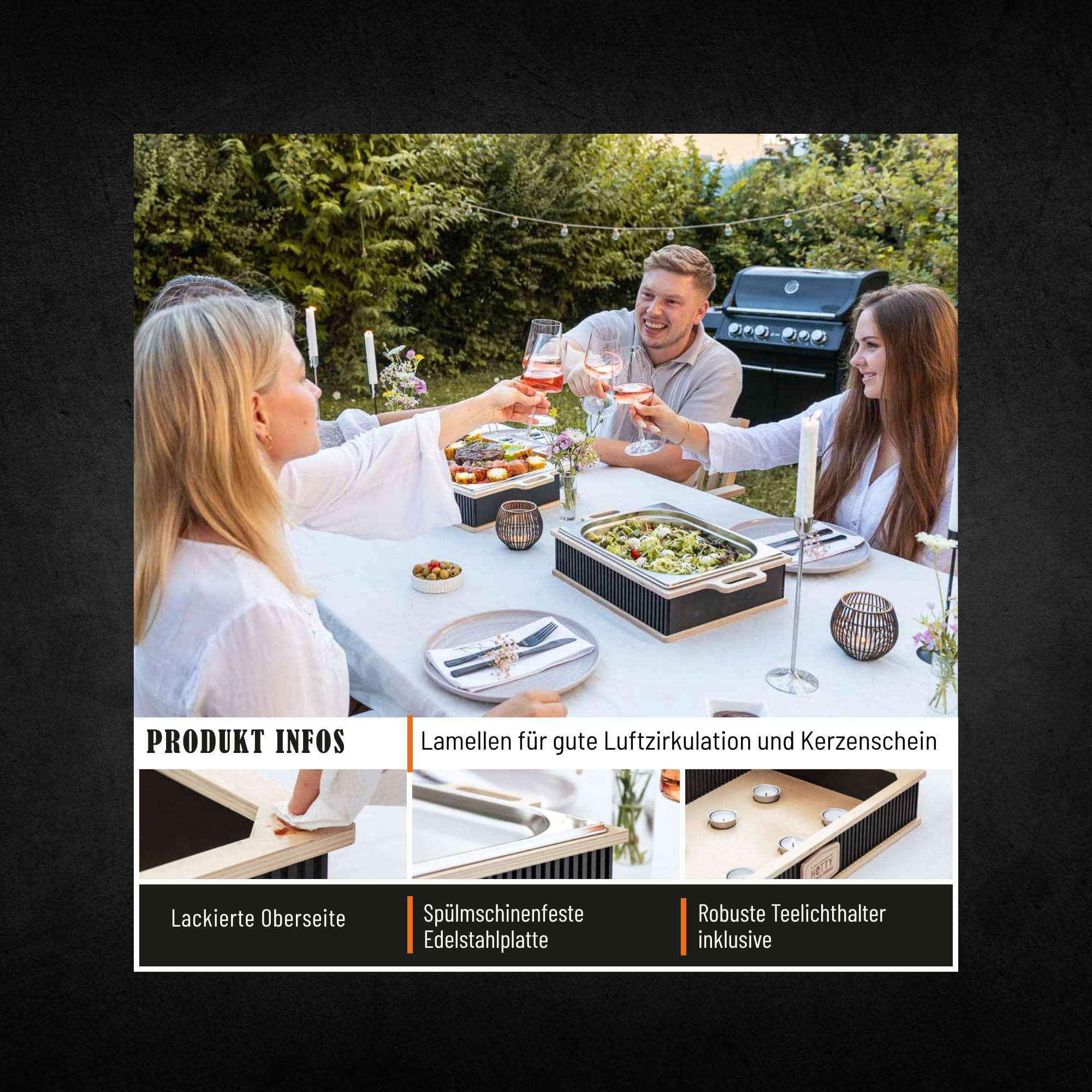 Hotty BBQ Warmhoudplaat - Warmhoudcontainer - Voor het grillen - Warmhouden - Met roestvrijstalen standaard en leuk houtdesign voor vlees en bijgerechten