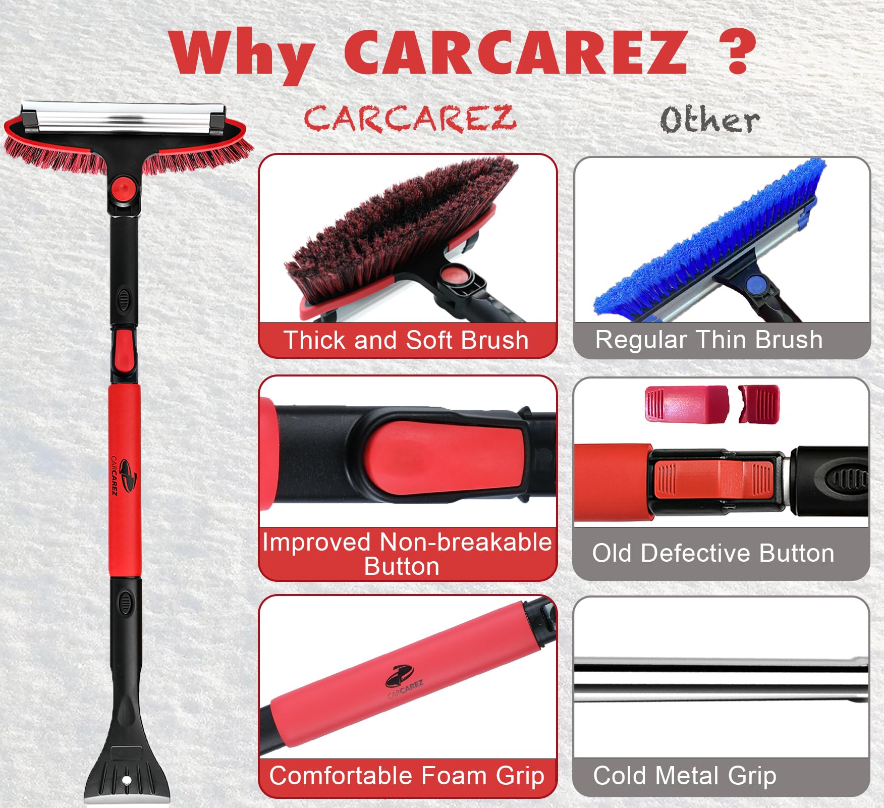 CARCAREZ Cepillo de nieve extensible de 56 pulgadas con escobilla de goma y raspador de hielo, agarre de espuma, cepillo de nieve para parabrisas automático, herramienta de eliminación de arañazos,