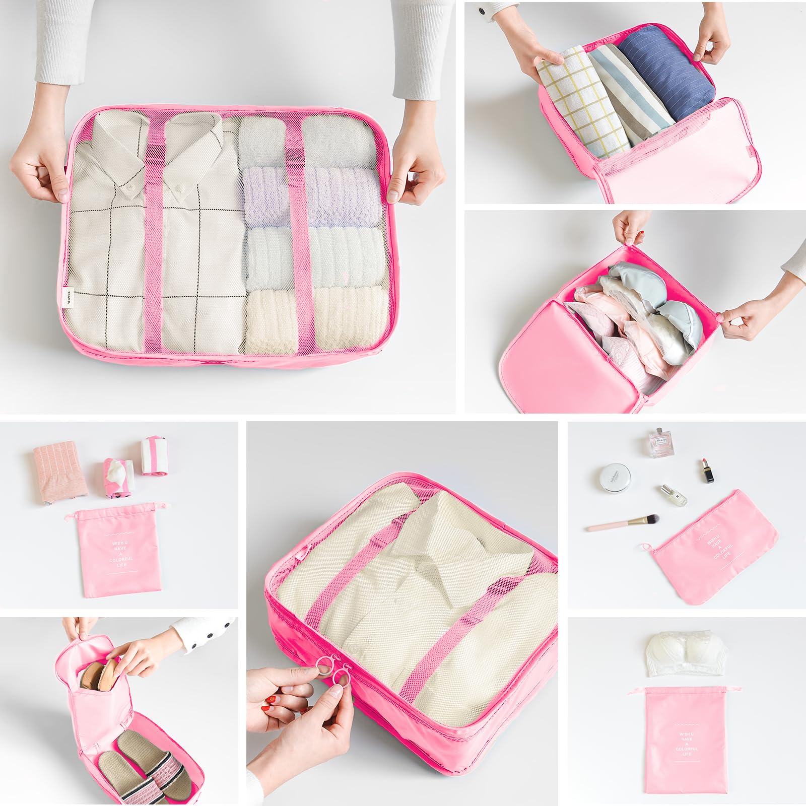 LANSKLBD 6/8 Set Packing Cubes for Suitcases Travel Luggage Packing Organizers,Travel Accessories Essentials Luggage Organizer with Shoe/Tioletry/Laundry Bag (Pink, 8 set) view 4