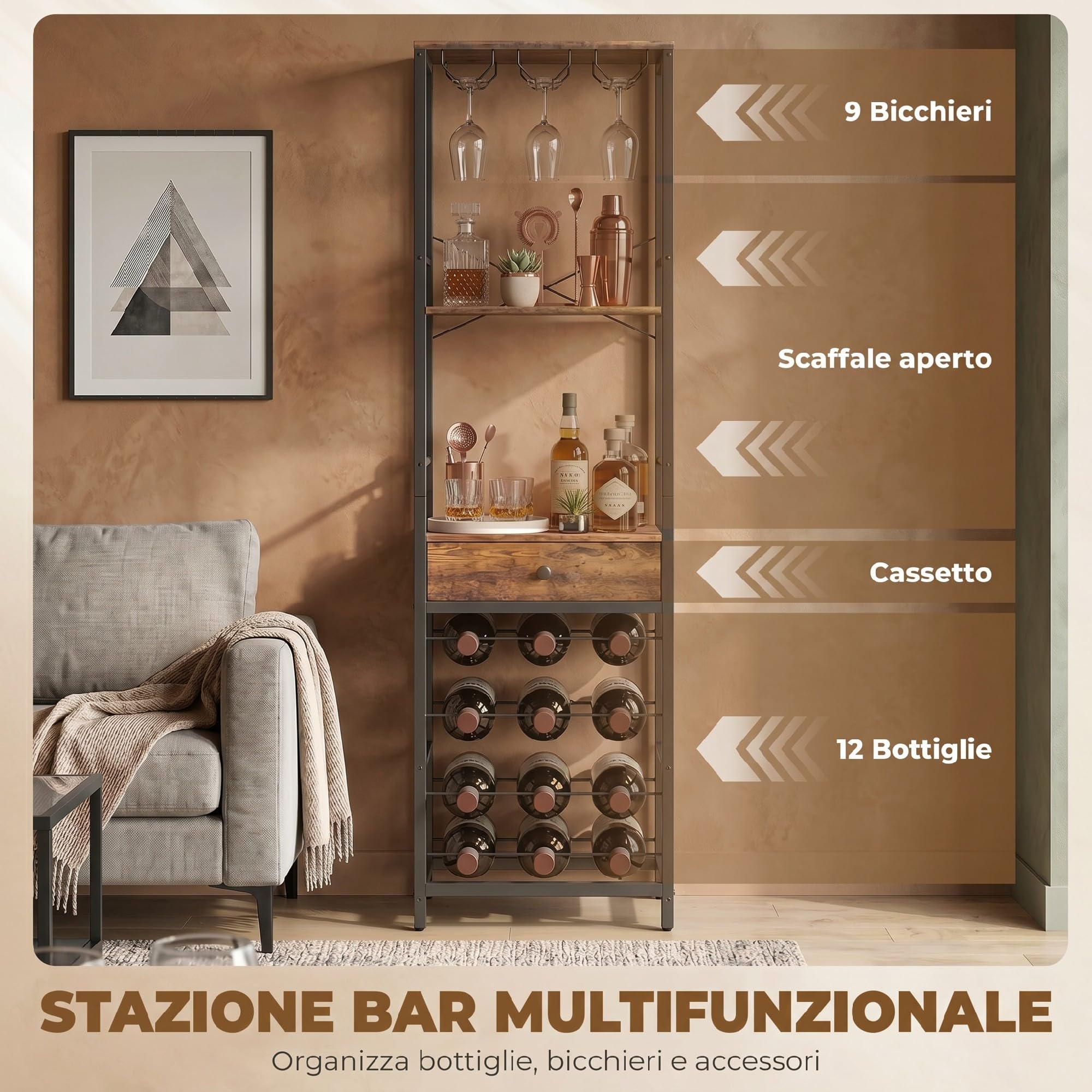 HOMCOM Portabottiglie Vino per 12 Bottiglie e Cassetto Marrone Rustico | Porta Bottiglie di Vino, Mensola Aperta, Design Industriale, per Cucina Soggiorno