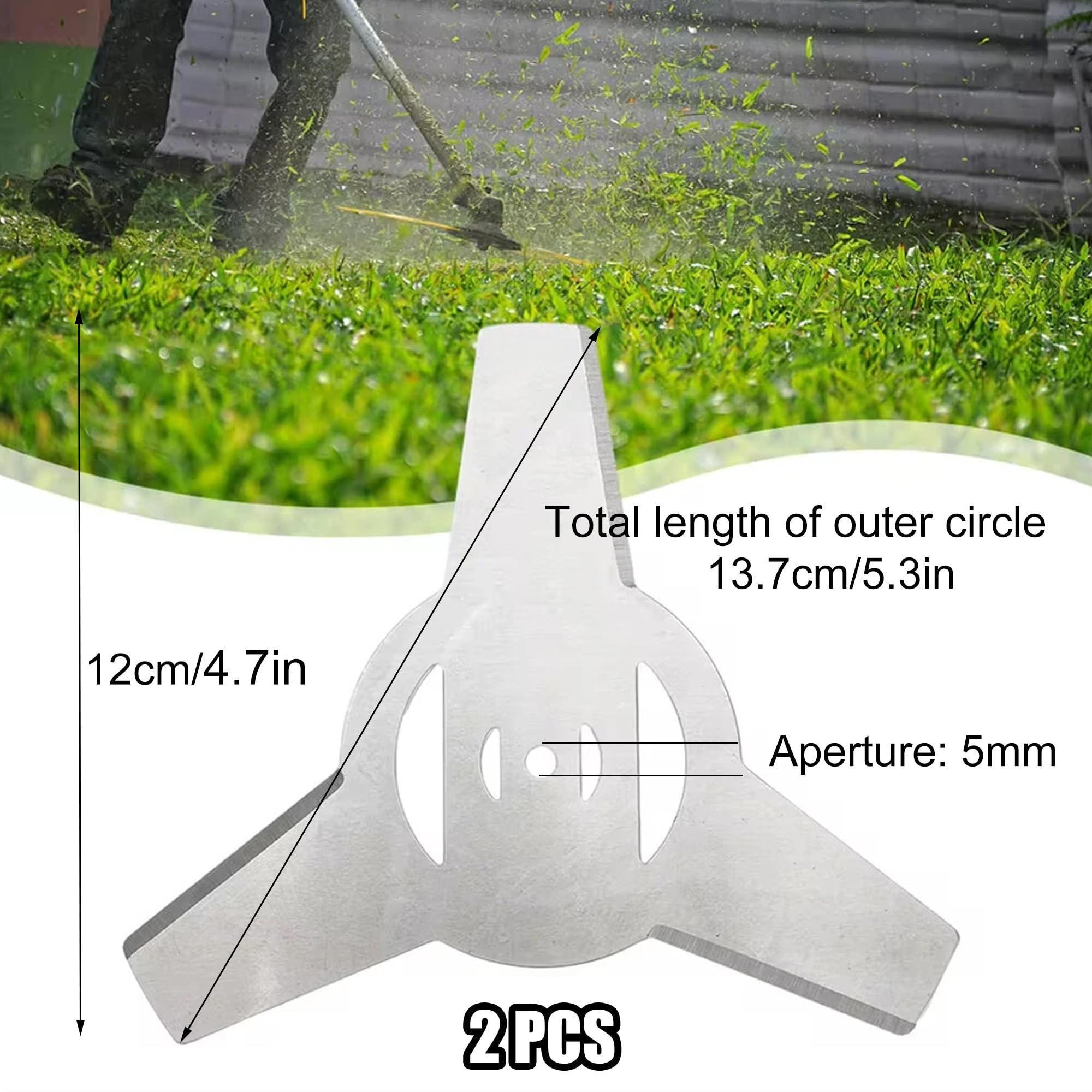 2 szt. metalowych ostrzy do podkaszarki ø 5 mm | Metalowy grubościomierz 3 ostrze zębate do podkaszarki ostrze zapasowe akcesoria otwór 5 mm szerokość cięcia 120 mm