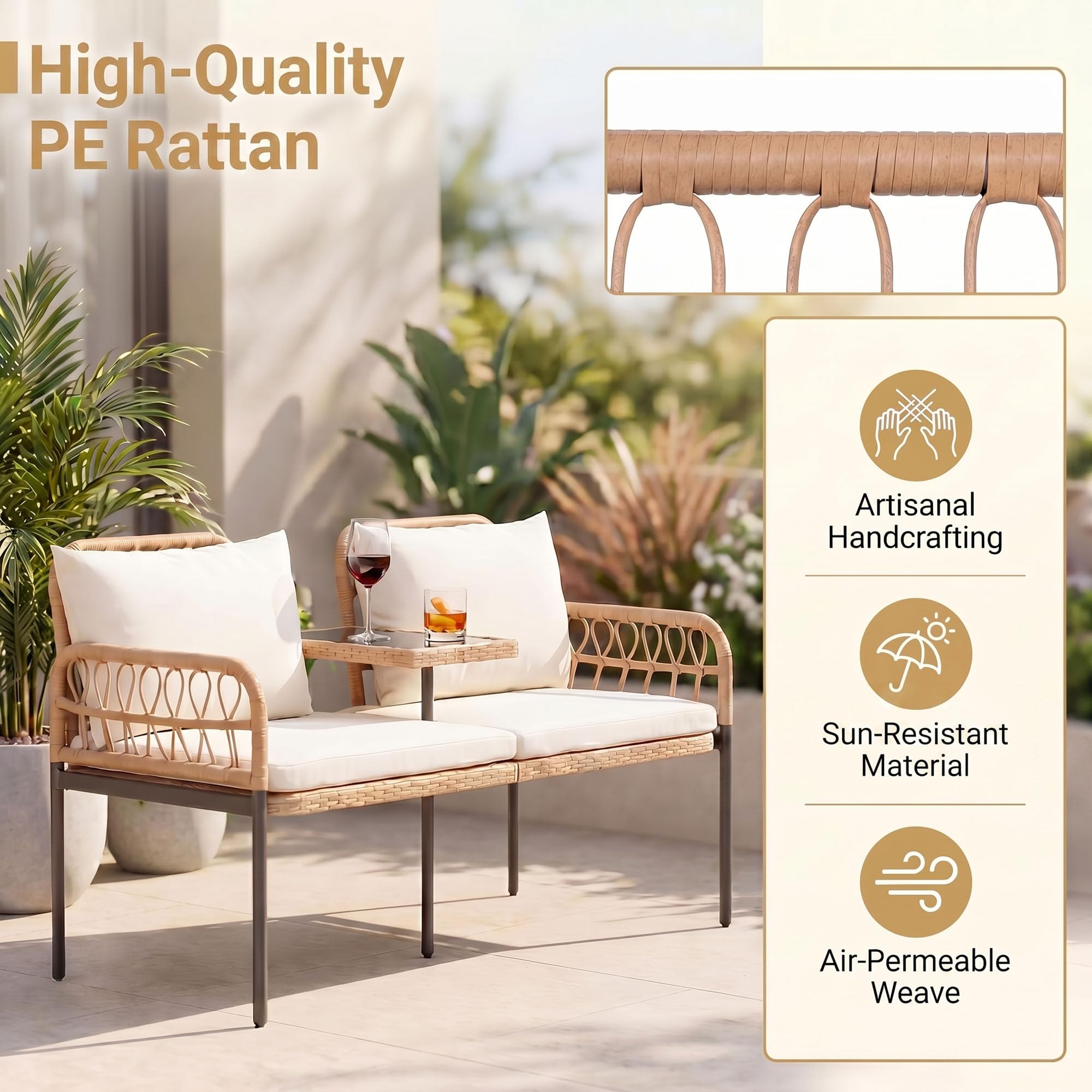 GIANTEX 2-Sitzer Gartenbank mit integriertem Glastisch, wetterfeste Sitzbank aus Polyrattan mit weichen Kissen, belastbar bis 300 kg, Sitzgarnitur für Terrasse, Garten & Veranda, 137 x 64,5 x 84 cm