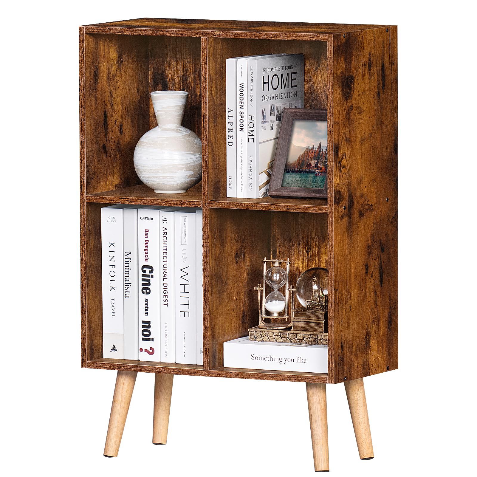 LEYAOYAO 4 Cube Bookshelf, 2-Tier Bookcase with Legs, Brown Kids Book Shelf Cute Storage Organizer, Free Standing Open Toy Shelves Modern Bookshelves,