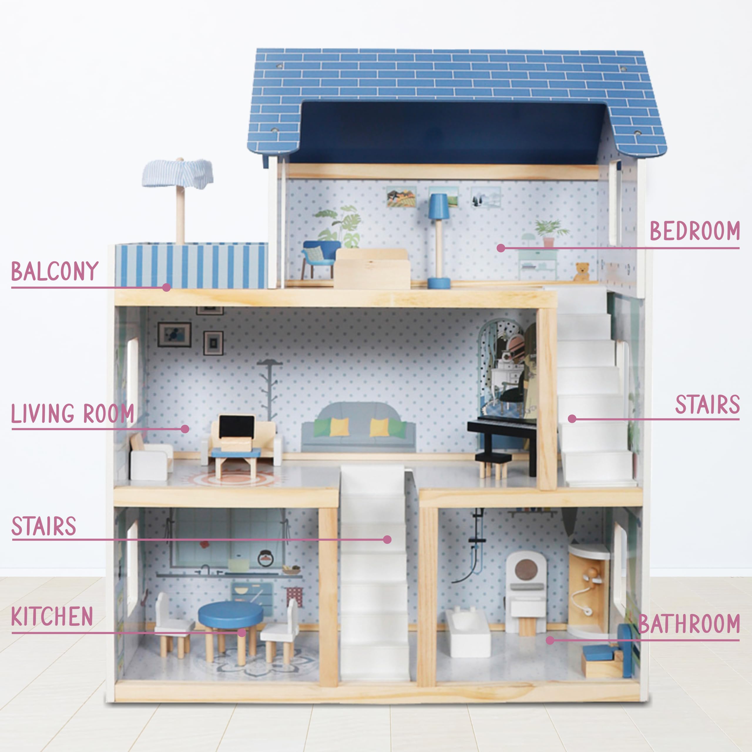 Lil' Jumbl Kids Wooden Dollhouse, 17-Piece Accessories & Furniture are Included, with Balcony & Stairs, 3 Story Easy to Assemble Doll House Toy - Blue