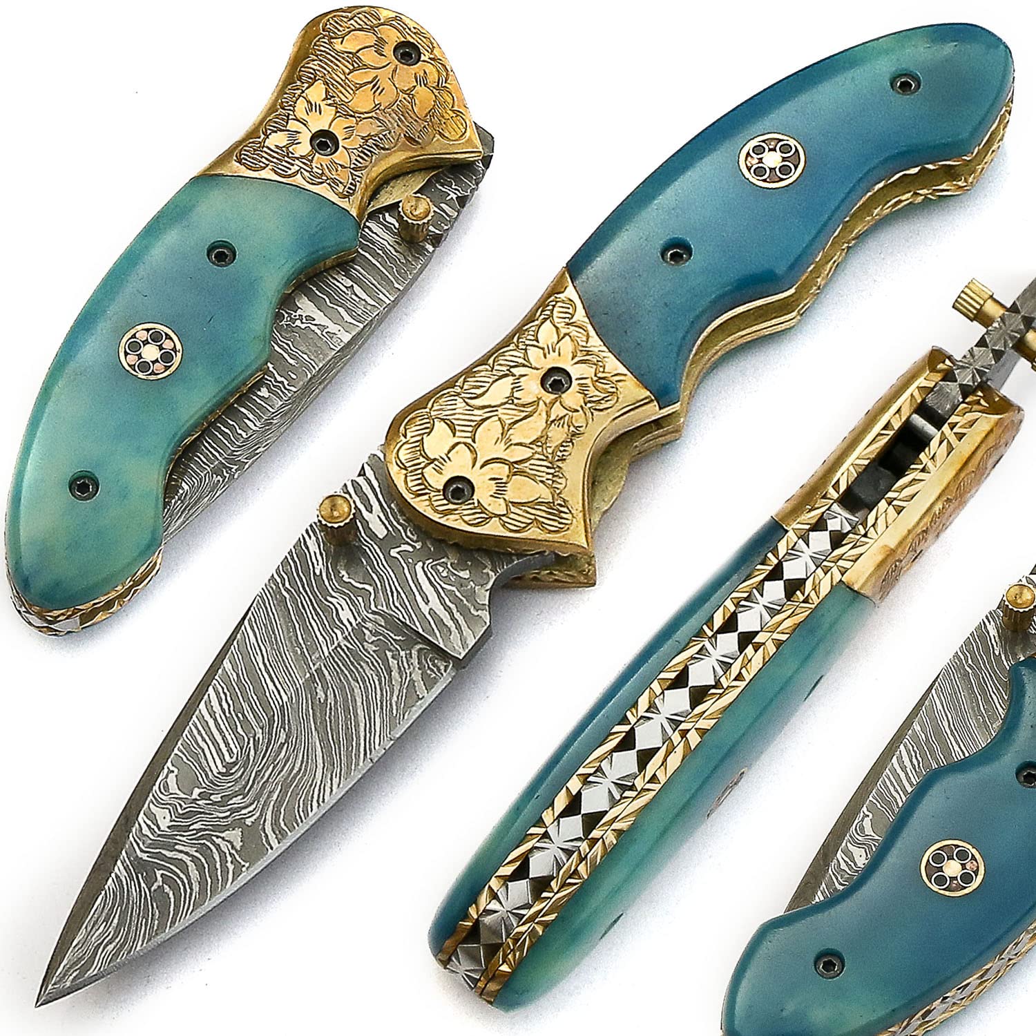 Damascus Pocket knife for Men Handmade Liner Lock Folding Knife With Leather Sheath Edc Camping Knives 4.25" Engraved Camel Bone Handle Custom Gift VK0124