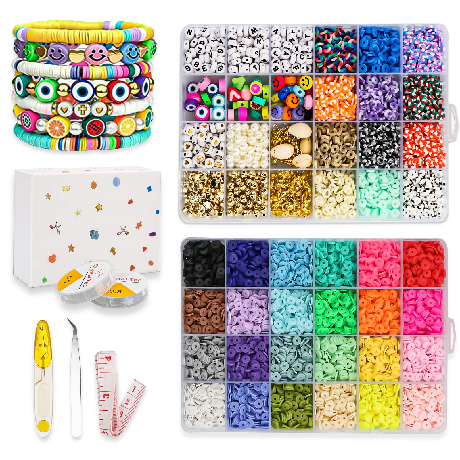 FOXTSPORT 8000 PCS Clay Beads Bracelet Making Kit,36 Colors Flat Round Polymer Clay Beads 6mm Spacer Heishi Beads with Pendant Charms Kit and Elastic Strings for Jewelry Making kit