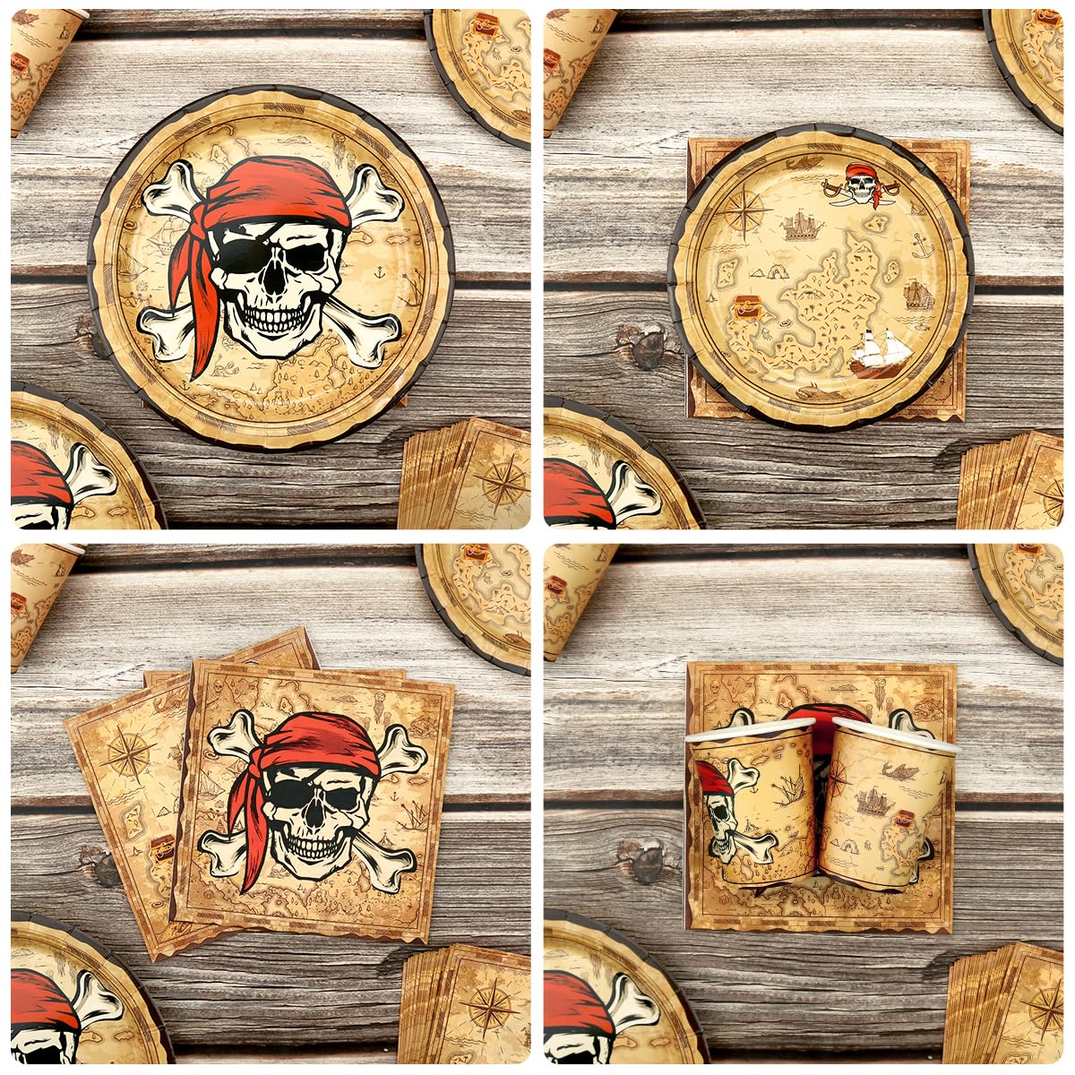 Lot de 100 décorations de fête pirate, vaisselle de table pirate comprenant assiettes, serviettes et gobelets pour enfants, garçons, décoration de fête du trésor d’anniversaire, décorations d - 4