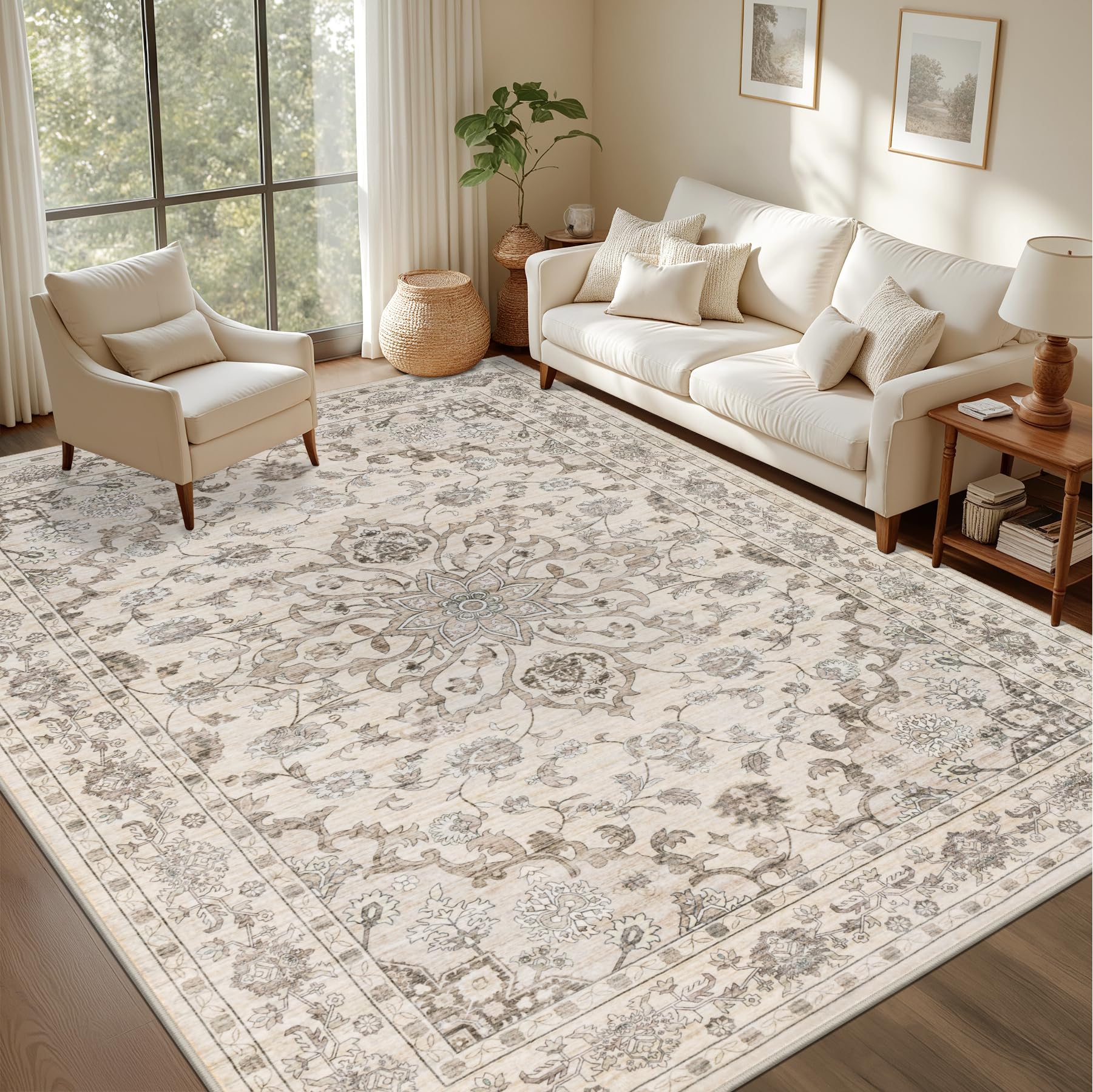 Photo 1 of **Scrapes from transport **6x9 Area Rugs Living Room Rug: Washable Vintage Distressed Floral Rug No Slip Stain Resistant Soft Carpet Indoor Floor Large Carpets for Bedroom Dining Room Farmhouse Nursery Home Office Brown Beige