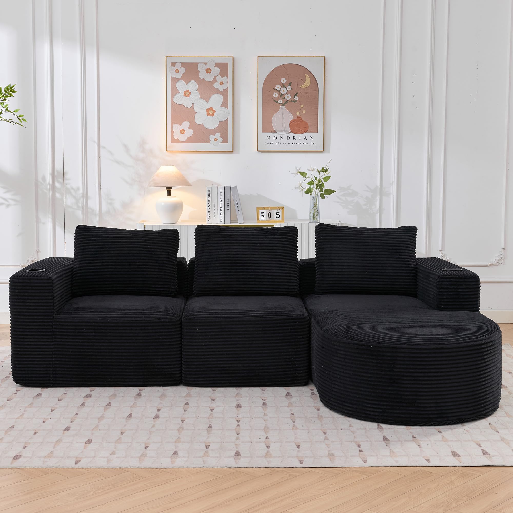 258cm Canapé d'angle en L, 3 Places, pour Salon et Appartement, Canapé Modulaire avec Méridienne en Courbe, 3 Coussins, Canapé Compressé en Velours Côtelé