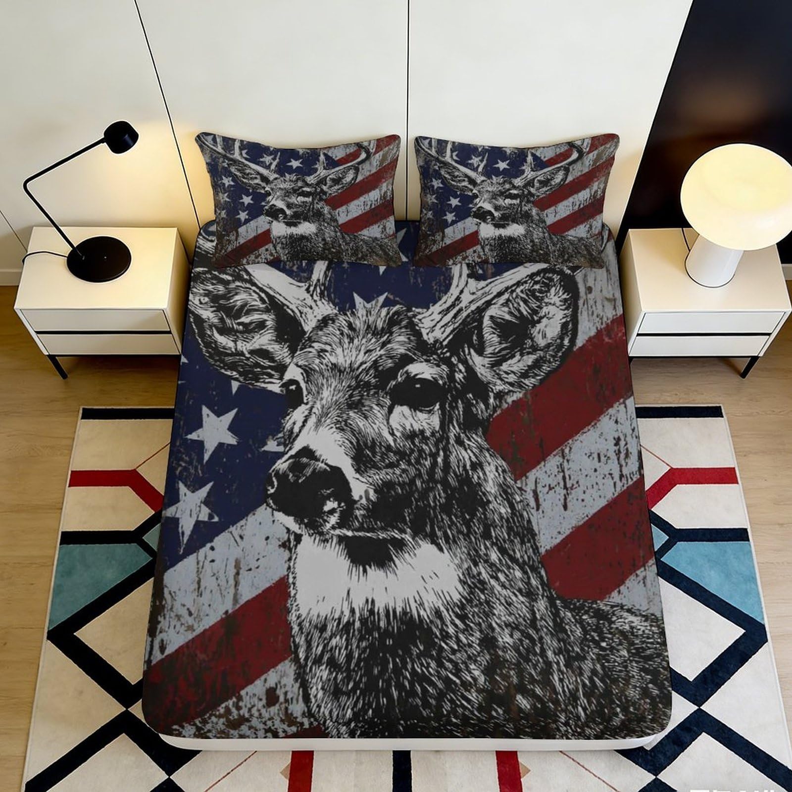 3D Printed Deer American Flag Fitted Sheet Microfiber Soft Anti-Slip Bed Cover for Bedroom Guest Room Easy Care 120x200x25cm