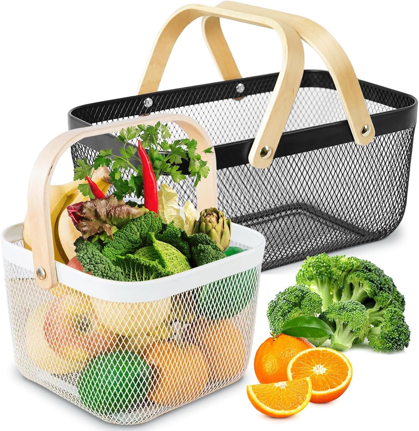 Metal Mesh Steel Basket with Handle, Multi-functional Kitchen Baskets Fruit Basket Bin, Garden Harvest Basket Mesh Basket for Shopping Garden Picnic Bathroom Organizing (Black + White (S))